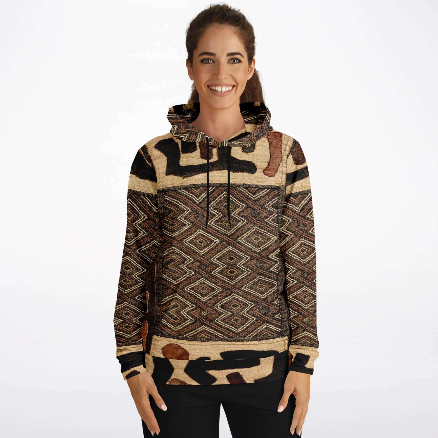 Fashion Hoodie - AOP Kuba Cloth Inspired African Hoodie, Congo Bogolan Kente Cloth Mudcloth Jacket Textile Hippie Boho Afrocentric Kilim Tribal Pullover Hoodie