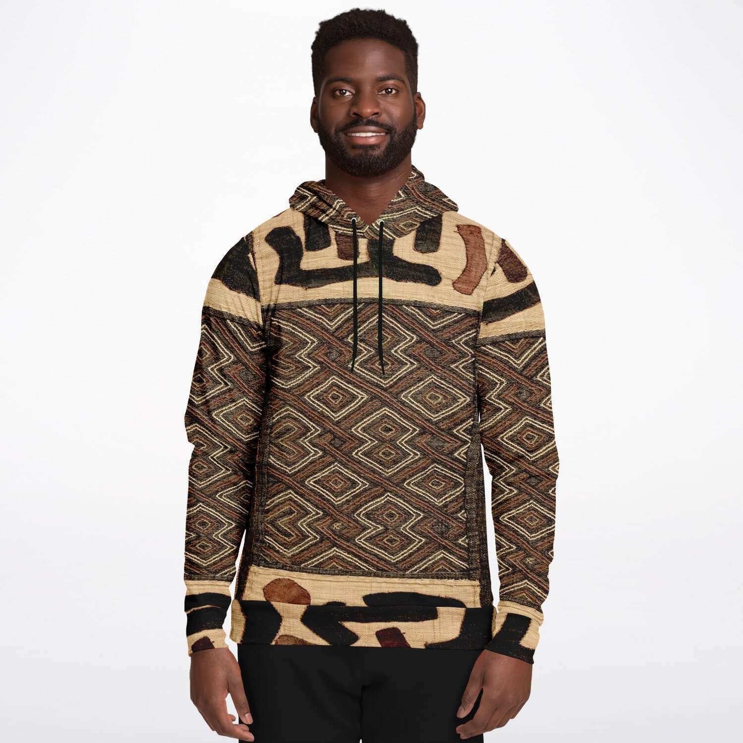 Fashion Hoodie - AOP Kuba Cloth Inspired African Hoodie, Congo Bogolan Kente Cloth Mudcloth Jacket Textile Hippie Boho Afrocentric Kilim Tribal Pullover Hoodie