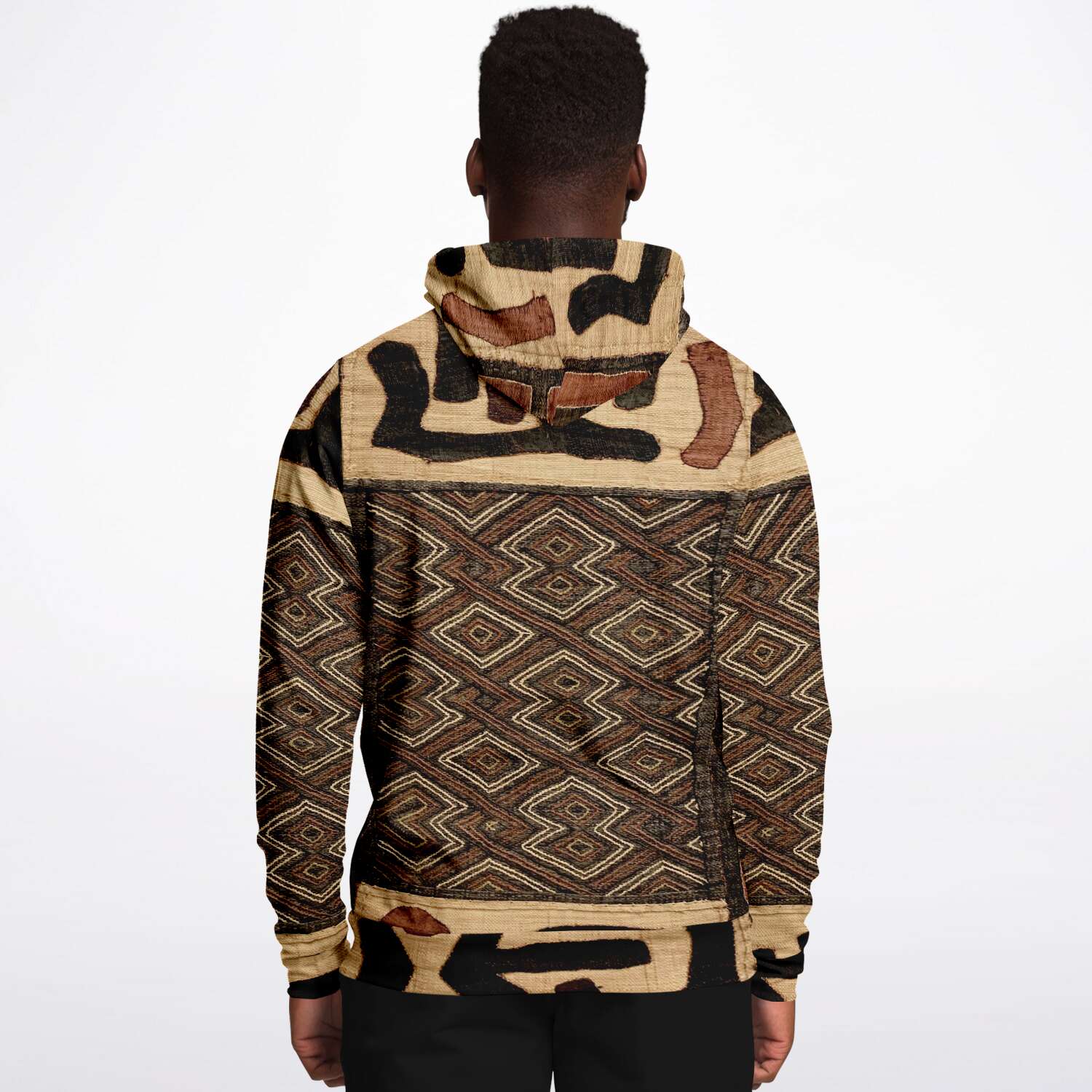 Fashion Hoodie - AOP Kuba Cloth Inspired African Hoodie, Congo Bogolan Kente Cloth Mudcloth Jacket Textile Hippie Boho Afrocentric Kilim Tribal Pullover Hoodie