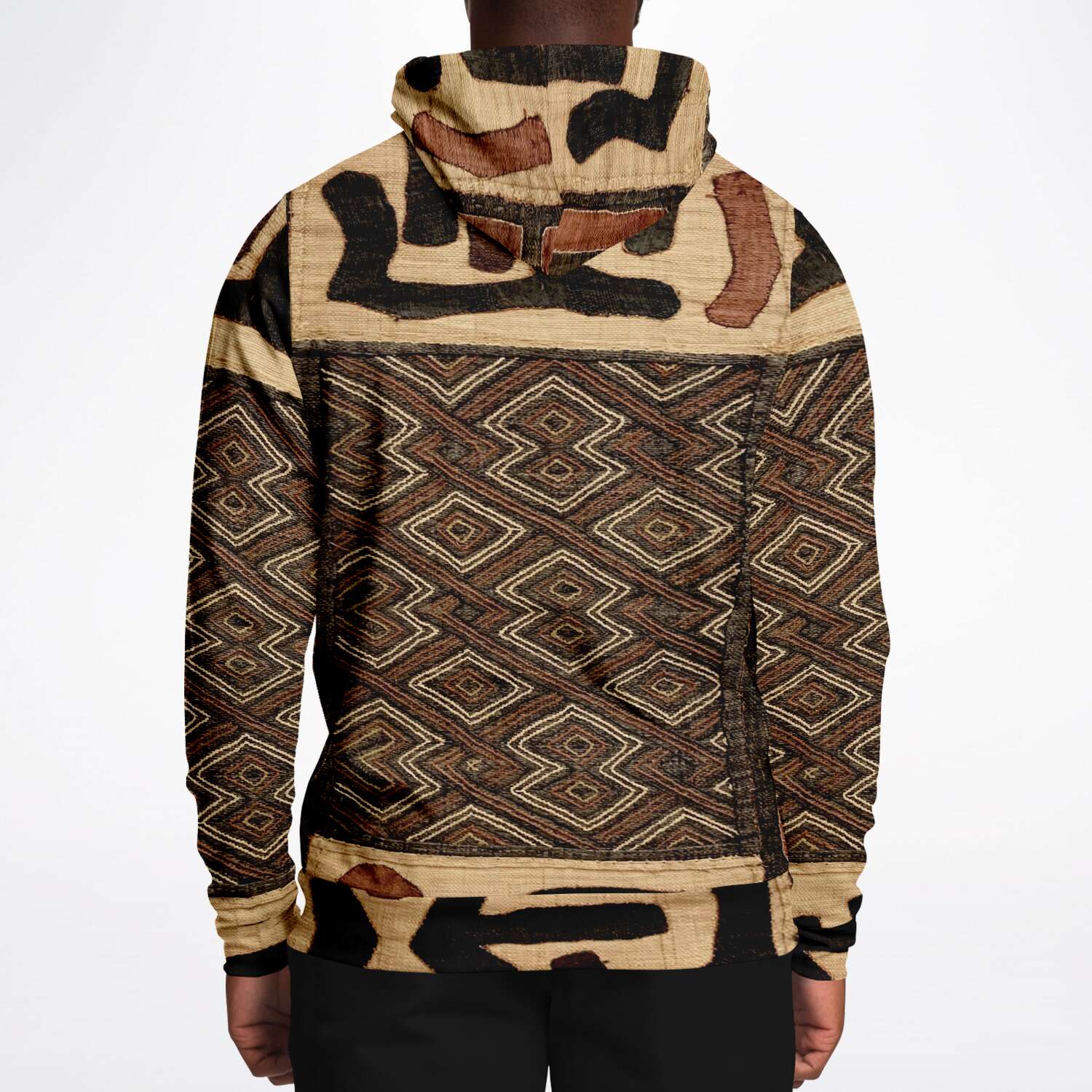 Fashion Hoodie - AOP Kuba Cloth Inspired African Hoodie, Congo Bogolan Kente Cloth Mudcloth Jacket Textile Hippie Boho Afrocentric Kilim Tribal Pullover Hoodie