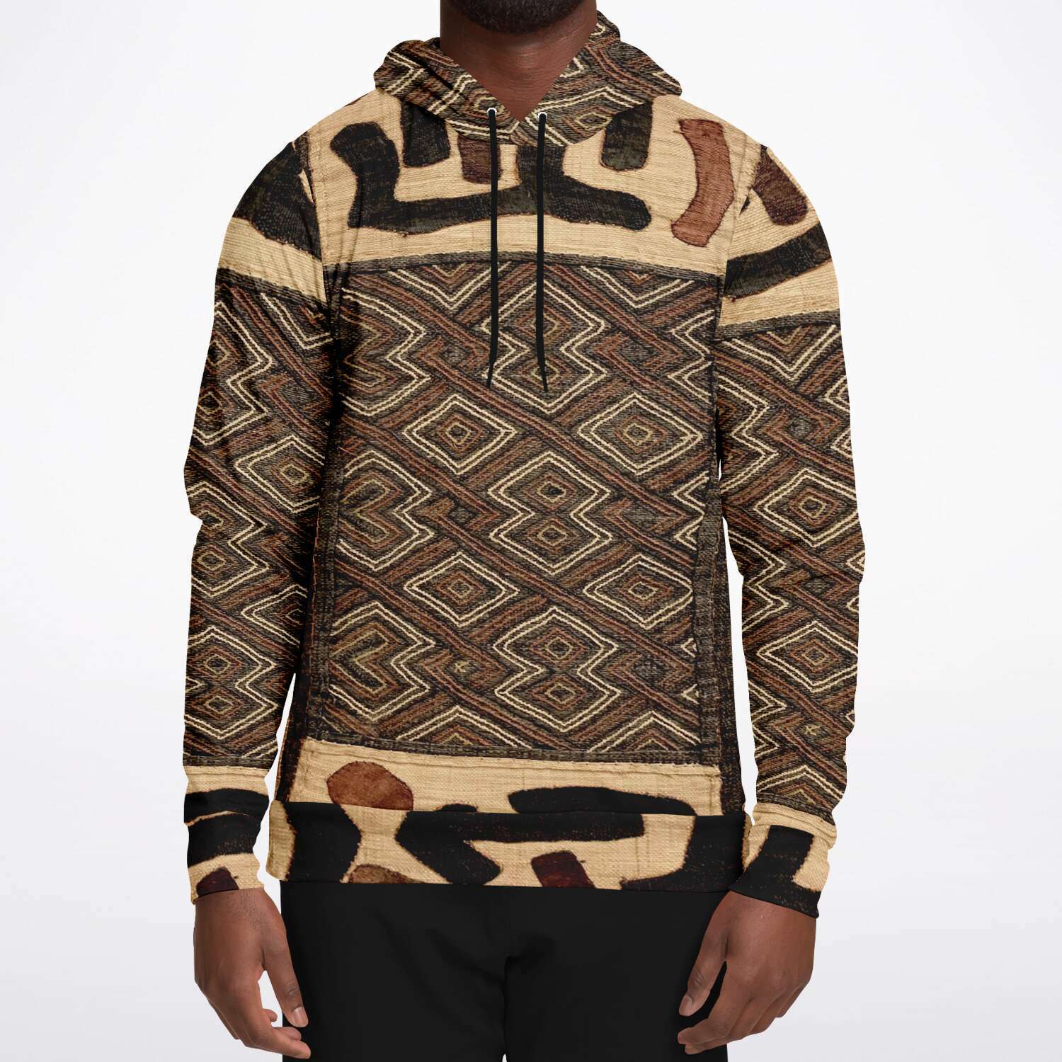 Fashion Hoodie - AOP Kuba Cloth Inspired African Hoodie, Congo Bogolan Kente Cloth Mudcloth Jacket Textile Hippie Boho Afrocentric Kilim Tribal Pullover Hoodie