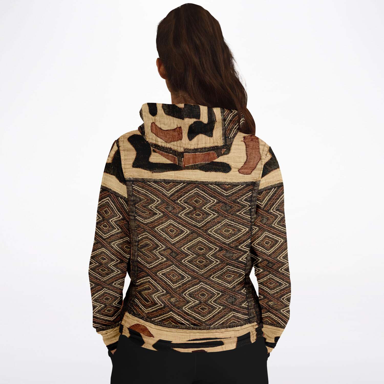 Fashion Hoodie - AOP Kuba Cloth Inspired African Hoodie, Congo Bogolan Kente Cloth Mudcloth Jacket Textile Hippie Boho Afrocentric Kilim Tribal Pullover Hoodie