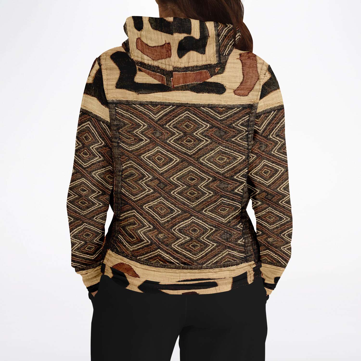 Fashion Hoodie - AOP Kuba Cloth Inspired African Hoodie, Congo Bogolan Kente Cloth Mudcloth Jacket Textile Hippie Boho Afrocentric Kilim Tribal Pullover Hoodie