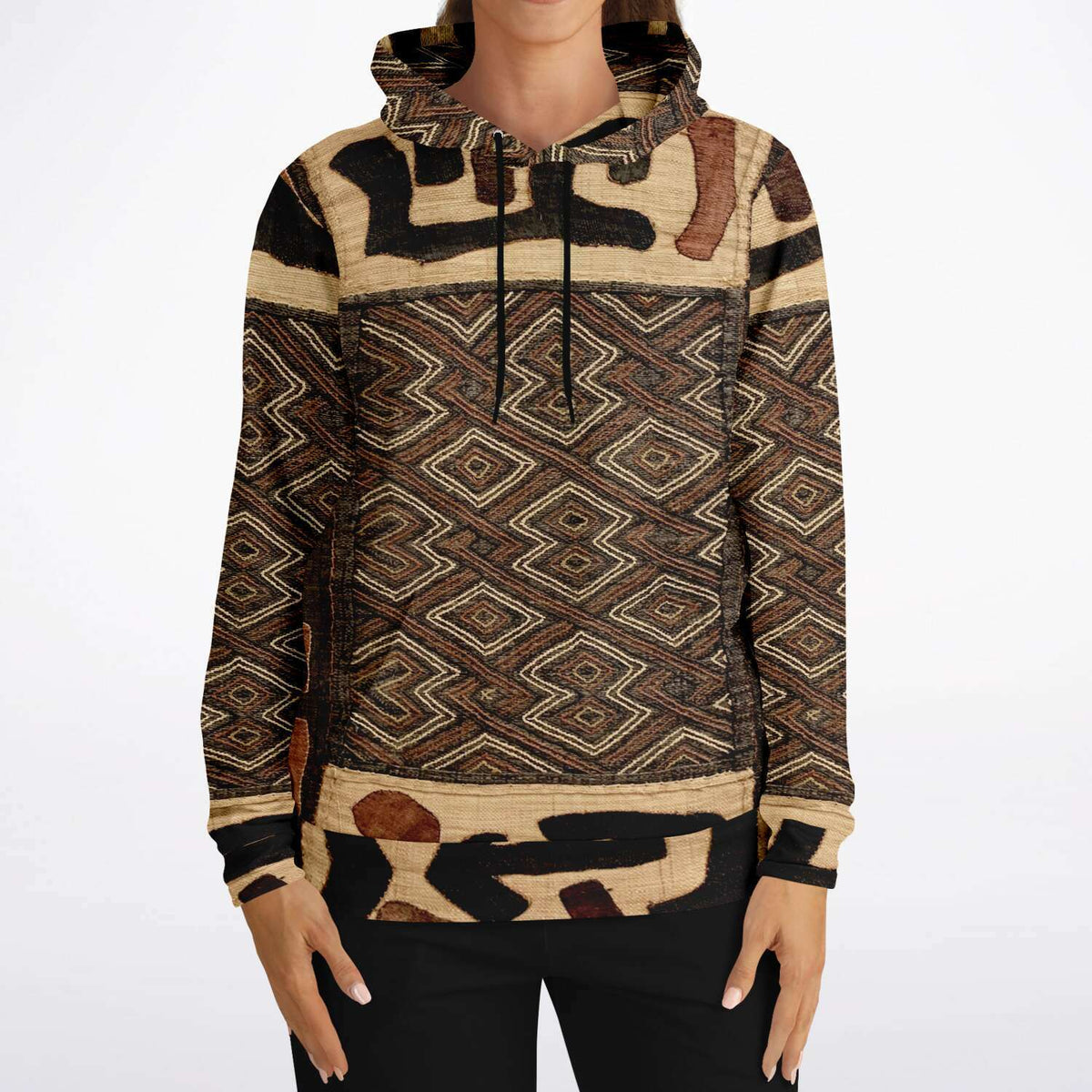 Kuba Cloth Inspired African Hoodie, Congo Bogolan Kente Cloth Mudcloth Jacket Textile Hippie Boho Afrocentric Kilim Tribal Pullover Hoodie