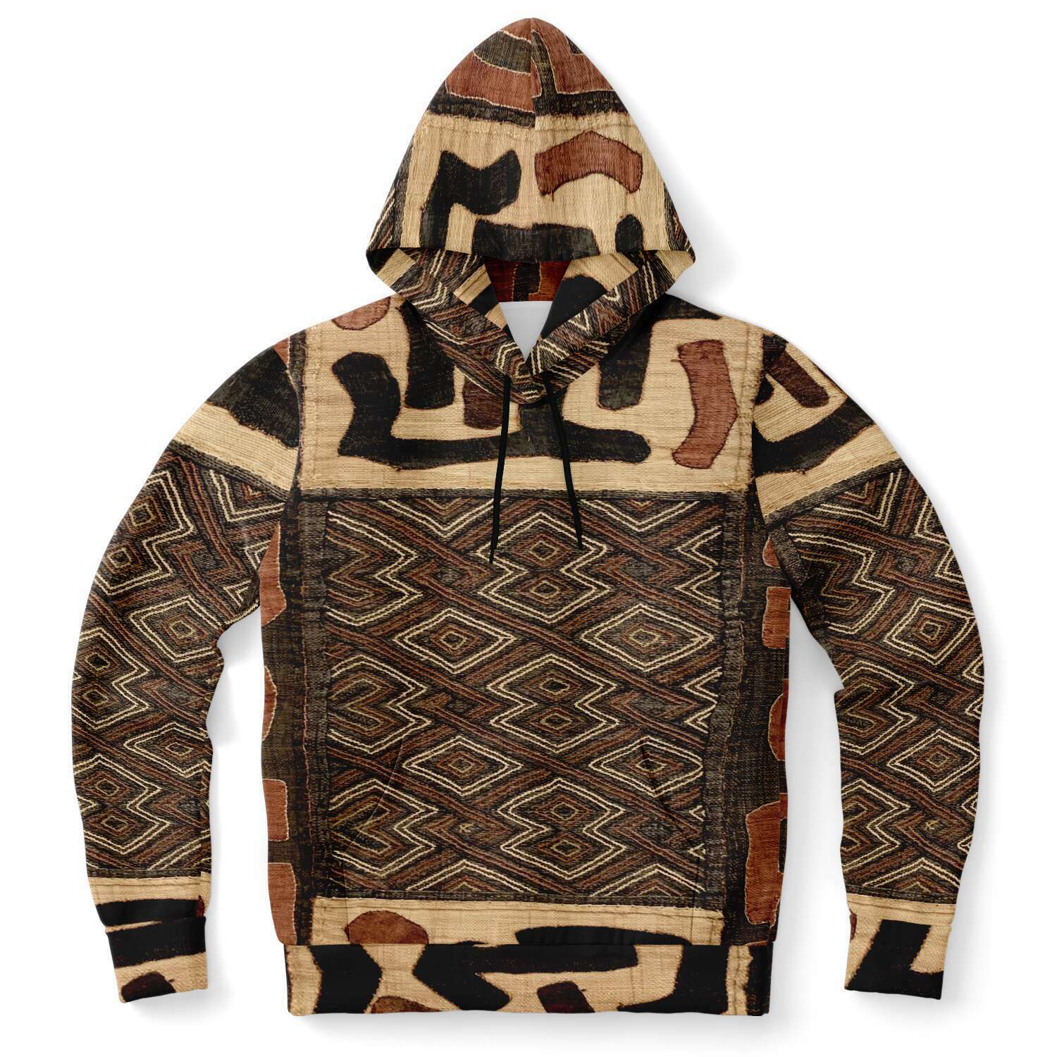 Fashion Hoodie - AOP XS Kuba Cloth Inspired African Hoodie, Congo Bogolan Kente Cloth Mudcloth Jacket Textile Hippie Boho Afrocentric Kilim Tribal Pullover Hoodie