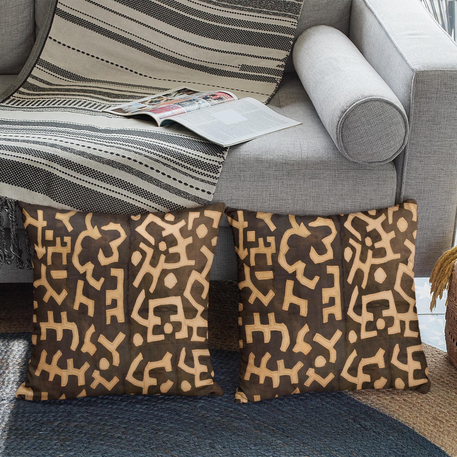 Kuba Cloth Pillow | Congo African Ethnic Home Decor | Rustic Earth Tone Throw Pillow