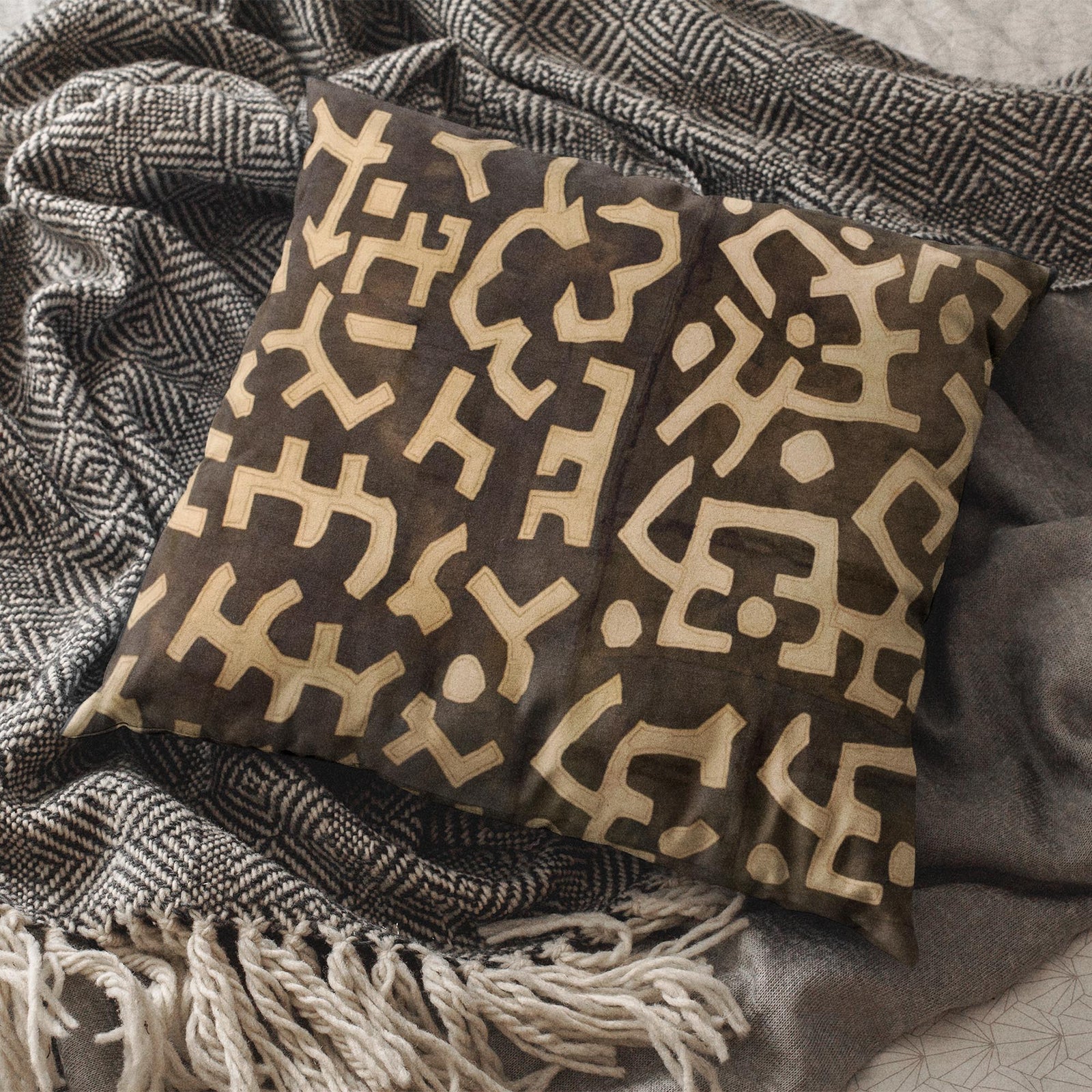 Kuba Cloth Pillow | Congo African Ethnic Home Decor | Rustic Earth Tone Throw Pillow