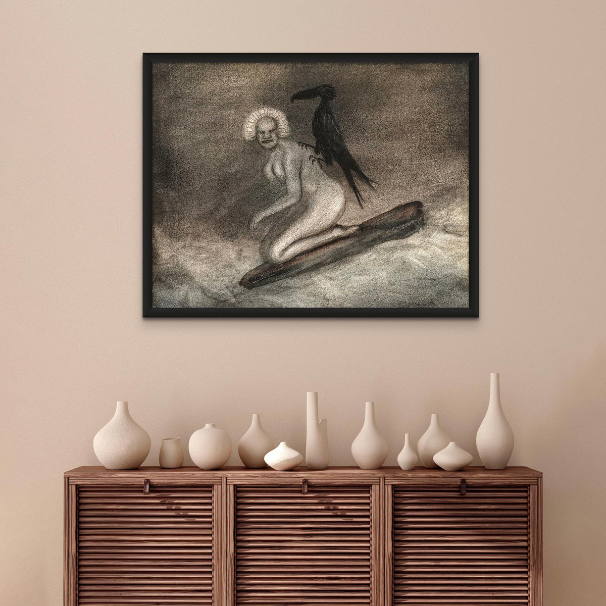 Kubin Witch and Crow, Raven | Satanic Demonic Luciferian Occult Witchy Art | Gothic Pagan Black Magic Framed Art Print