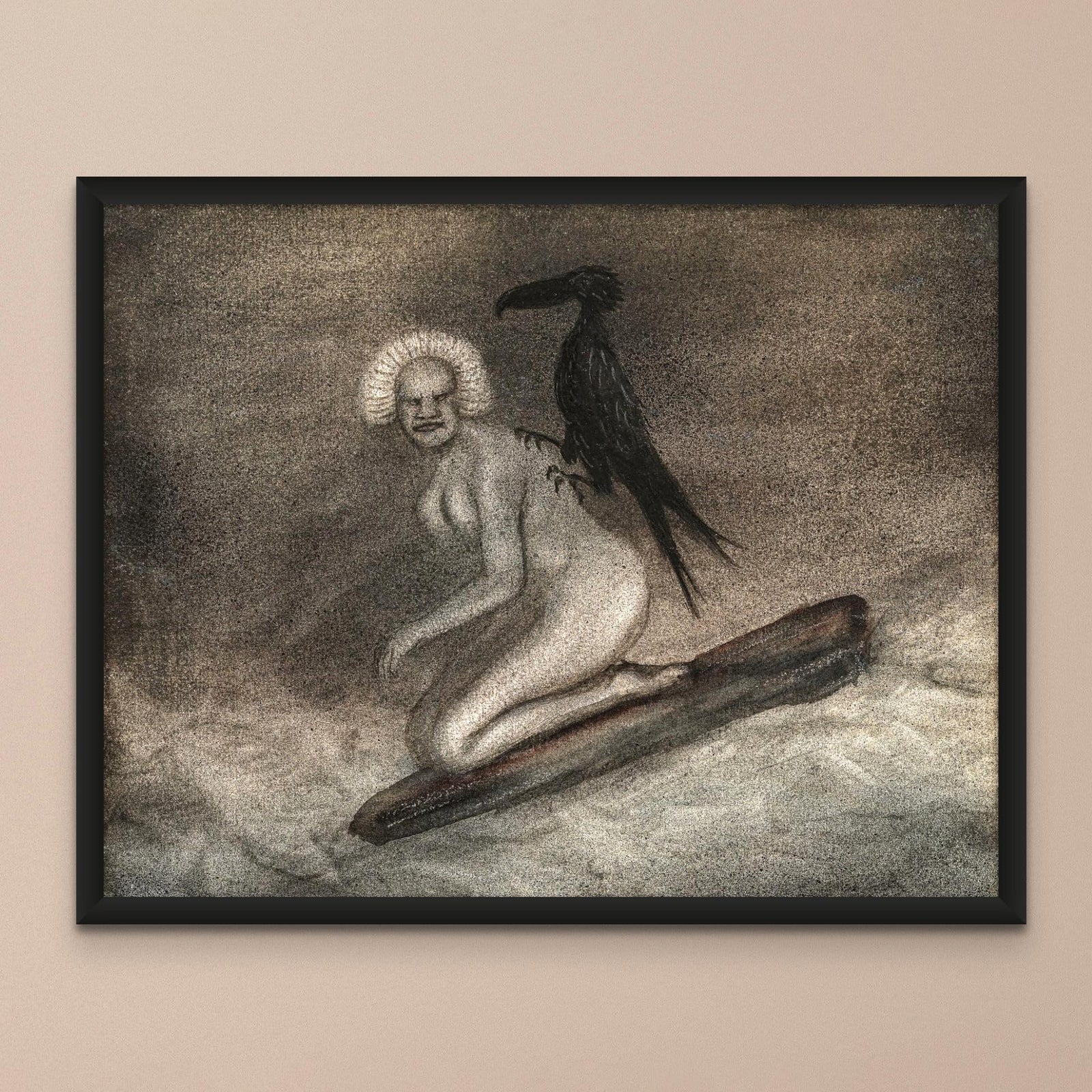 Fine art 8"x6" / Black Frame Kubin Witch and Crow, Raven | Satanic Demonic Luciferian Occult Witchy Art | Gothic Pagan Black Magic Framed Art Print