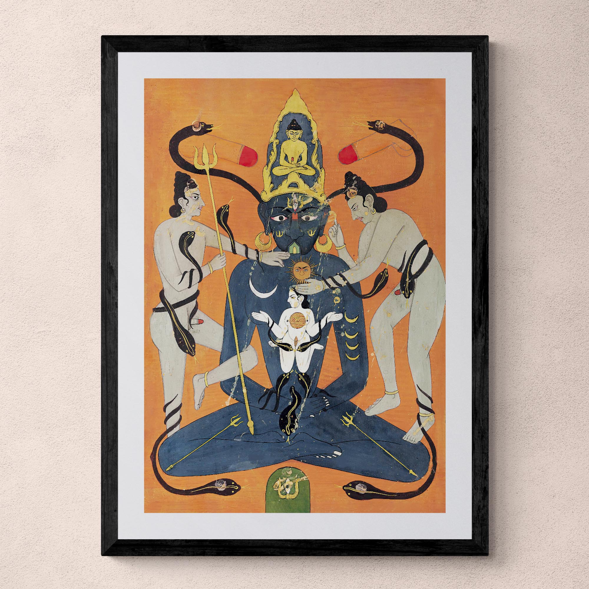 Fine art Kundalini Tantra Indian Tantric Art | Sun and Moon, Yoni and Lingam, Sacred Sexuality | Chakra Qi Energy Vintage Framed Art Print