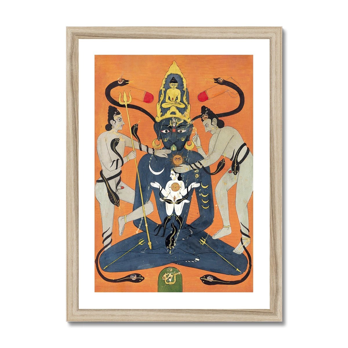 Fine art 6"x8" / Natural Frame Kundalini Tantra Indian Tantric Art | Sun and Moon, Yoni and Lingam, Sacred Sexuality | Chakra Qi Energy Vintage Framed Art Print