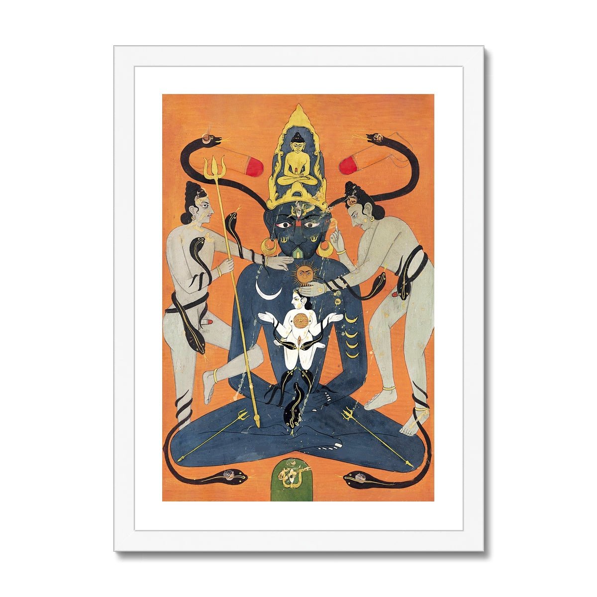 Fine art 6"x8" / White Frame Kundalini Tantra Indian Tantric Art | Sun and Moon, Yoni and Lingam, Sacred Sexuality | Chakra Qi Energy Vintage Framed Art Print