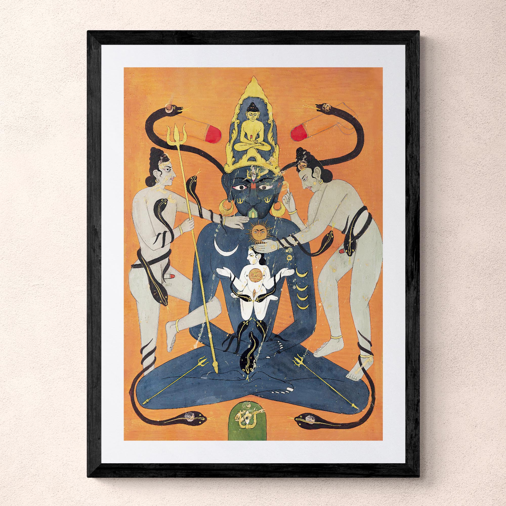 Fine art 6"x8" / Black Frame Kundalini Tantra Indian Tantric Art | Sun and Moon, Yoni and Lingam, Sacred Sexuality | Chakra Qi Energy Vintage Framed Art Print