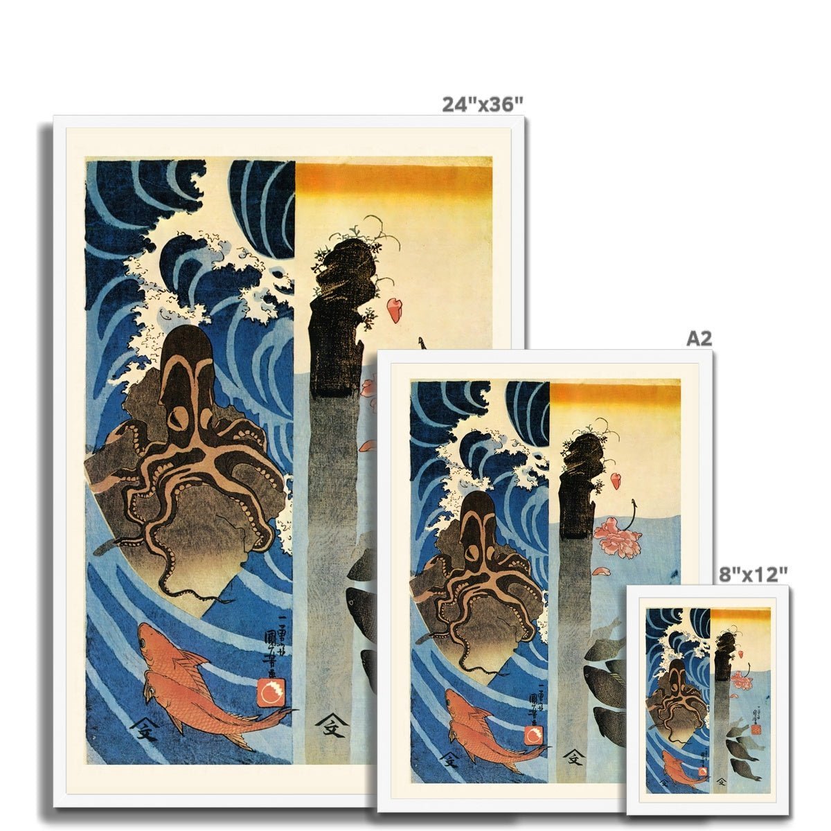 Kuniyoshi Utagawa, Octopus, Red Fish Ukiyo-e Antique Vintage Woodblock Japan Botanical Marine Life Cephalopod Framed Art Print