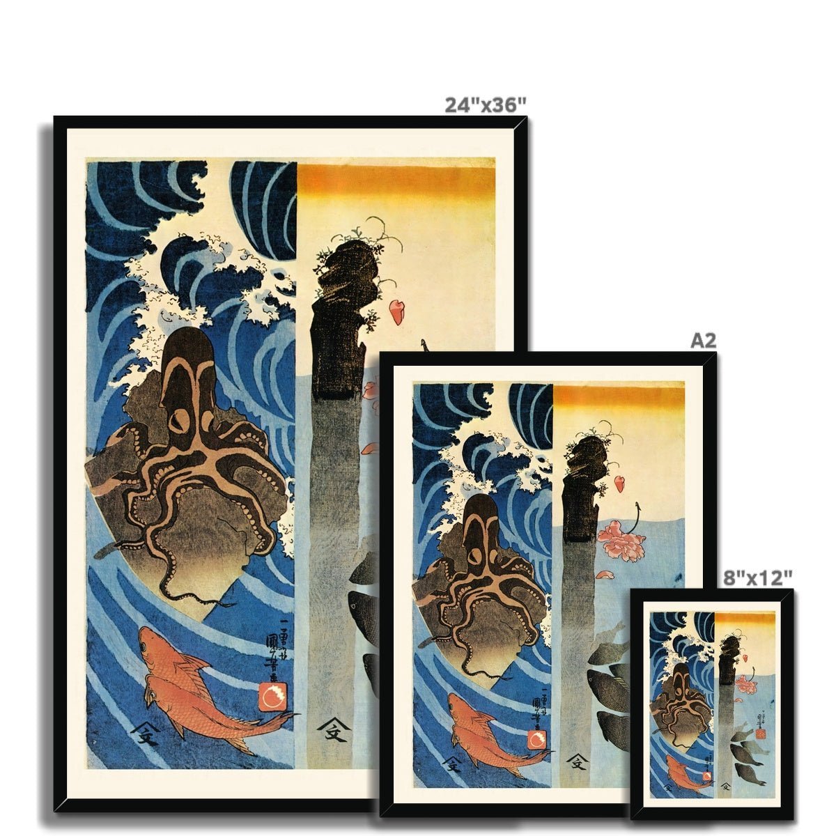 Kuniyoshi Utagawa, Octopus, Red Fish Ukiyo-e Antique Vintage Woodblock Japan Botanical Marine Life Cephalopod Framed Art Print