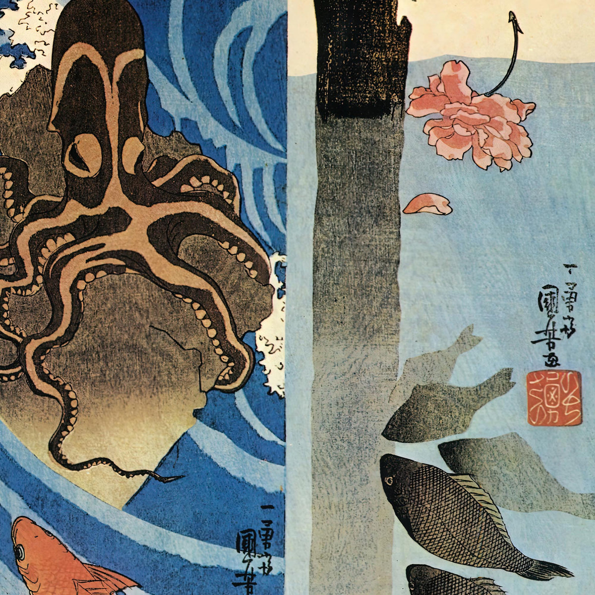 Kuniyoshi Utagawa, Octopus, Red Fish Ukiyo-e Antique Vintage Woodblock Japan Botanical Marine Life Cephalopod Framed Art Print