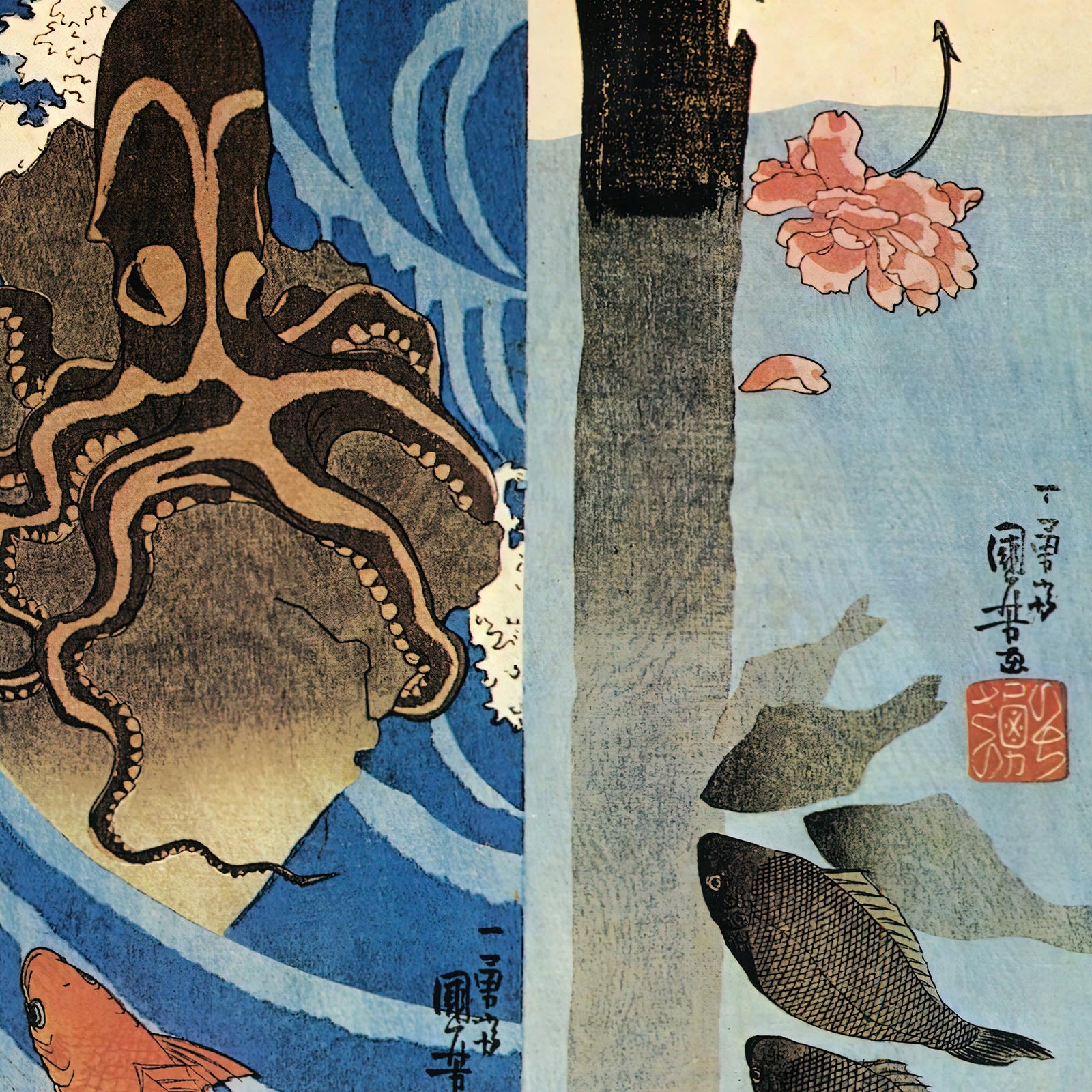 Kuniyoshi Utagawa, Octopus, Red Fish Ukiyo-e Antique Vintage Woodblock Japan Botanical Marine Life Cephalopod Framed Art Print