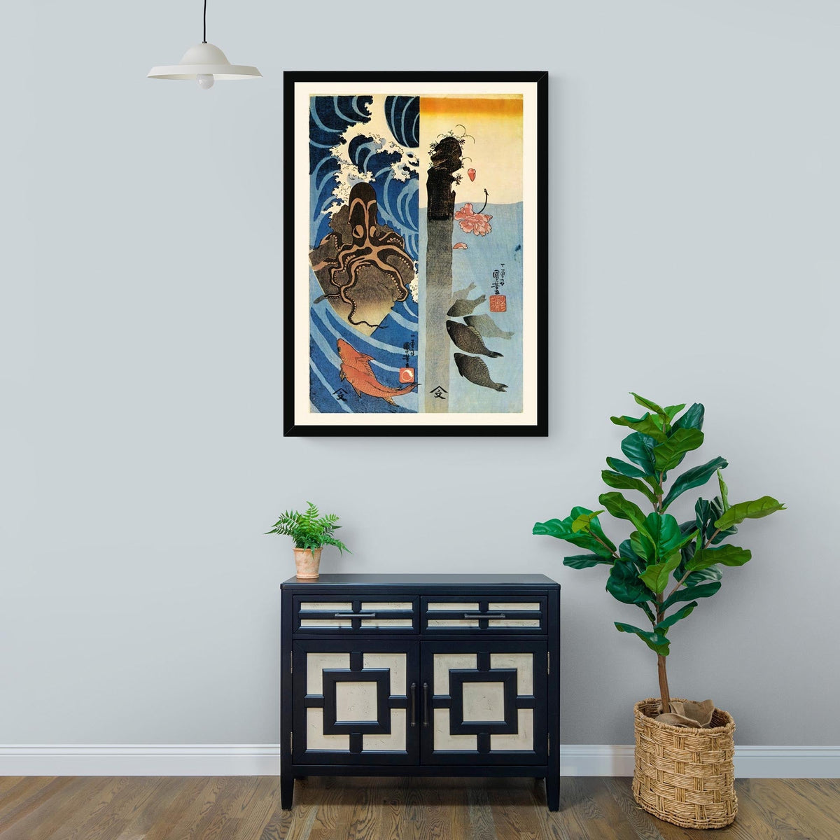 Kuniyoshi Utagawa, Octopus, Red Fish Ukiyo-e Antique Vintage Woodblock Japan Botanical Marine Life Cephalopod Framed Art Print