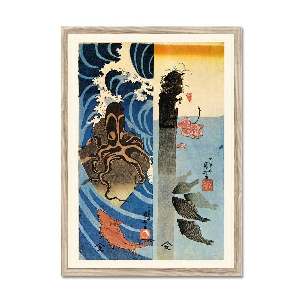 Kuniyoshi Utagawa, Octopus, Red Fish Ukiyo-e Antique Vintage Woodblock Japan Botanical Marine Life Cephalopod Framed Art Print