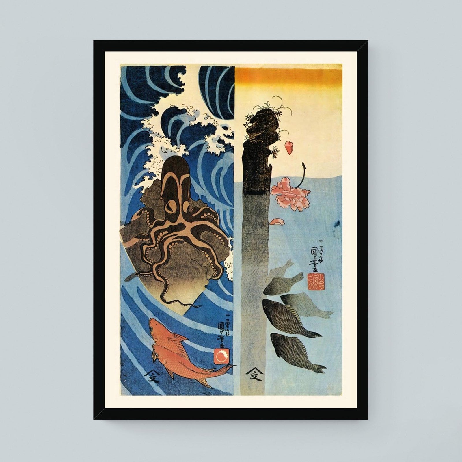 Framed Print 8"x12" / Black Frame Kuniyoshi Utagawa, Octopus, Red Fish Ukiyo-e Antique Vintage Woodblock Japan Botanical Marine Life Cephalopod Framed Art Print