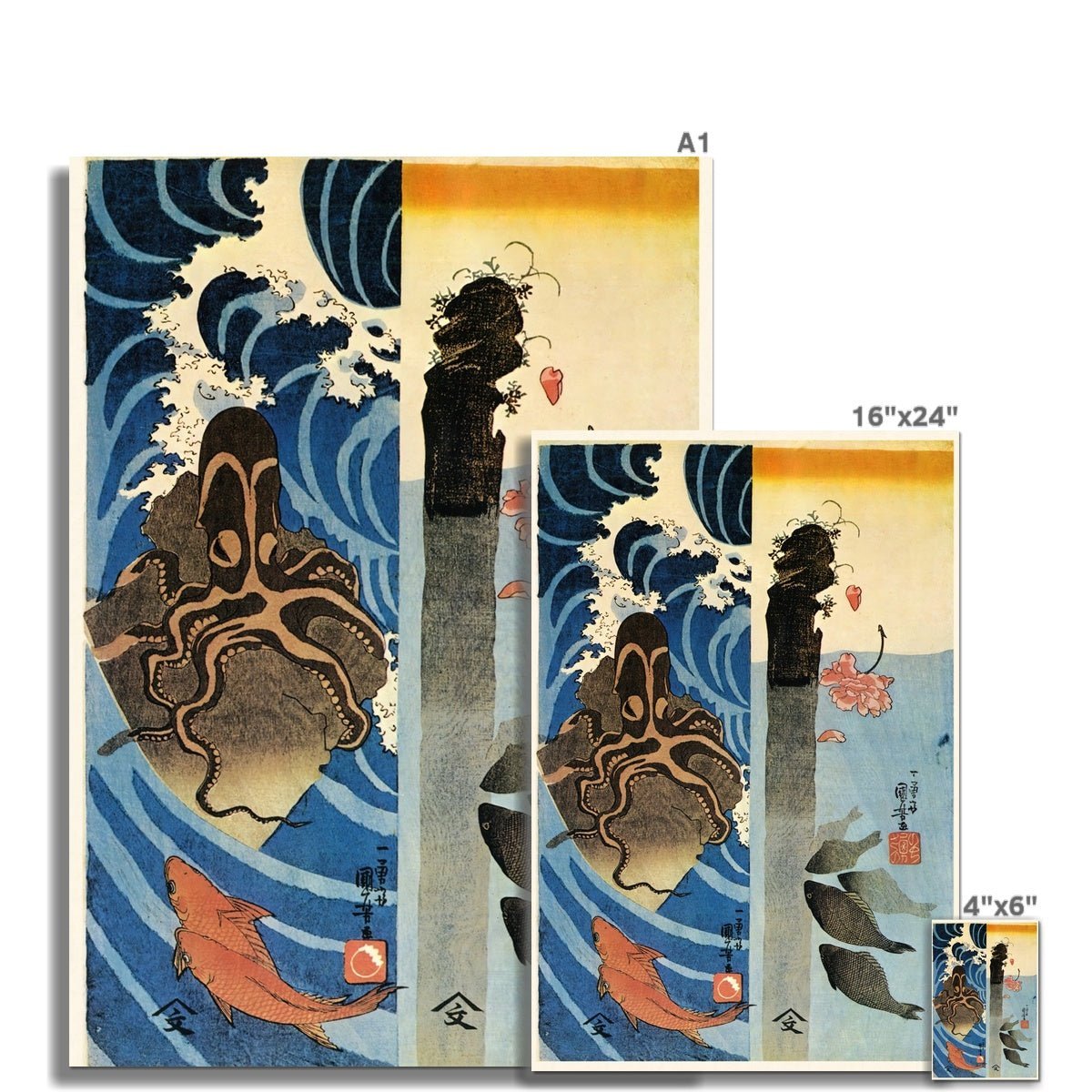 giclee 4"x6" Kuniyoshi Utagawa, Octopus, Red Fish Ukiyo-e Antique Vintage Woodblock Print Marine Life Ocean Creatures Japan Fine Art Print