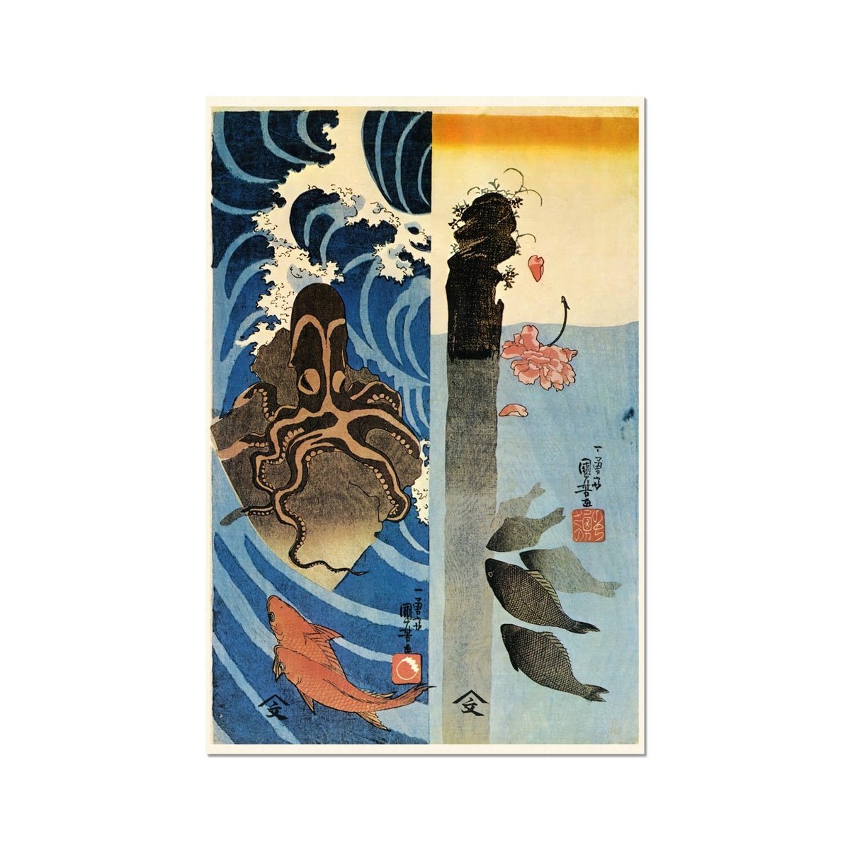 Kuniyoshi Utagawa, Octopus, Red Fish Ukiyo-e Antique Vintage Woodblock Print Marine Life Ocean Creatures Japan Fine Art Print