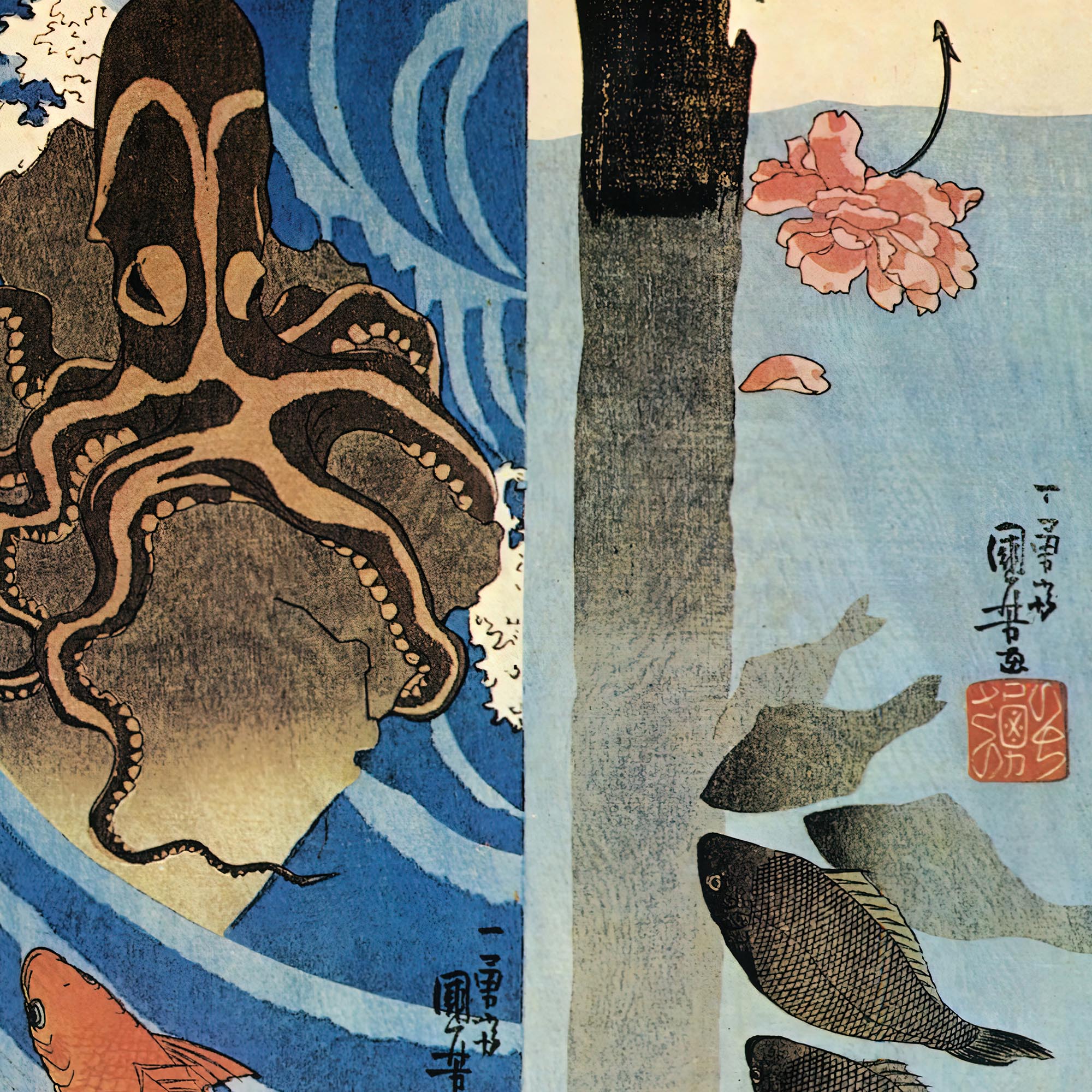 Kuniyoshi Utagawa, Octopus, Red Fish Ukiyo-e Antique Vintage Woodblock Print Marine Life Ocean Creatures Japan Fine Art Print