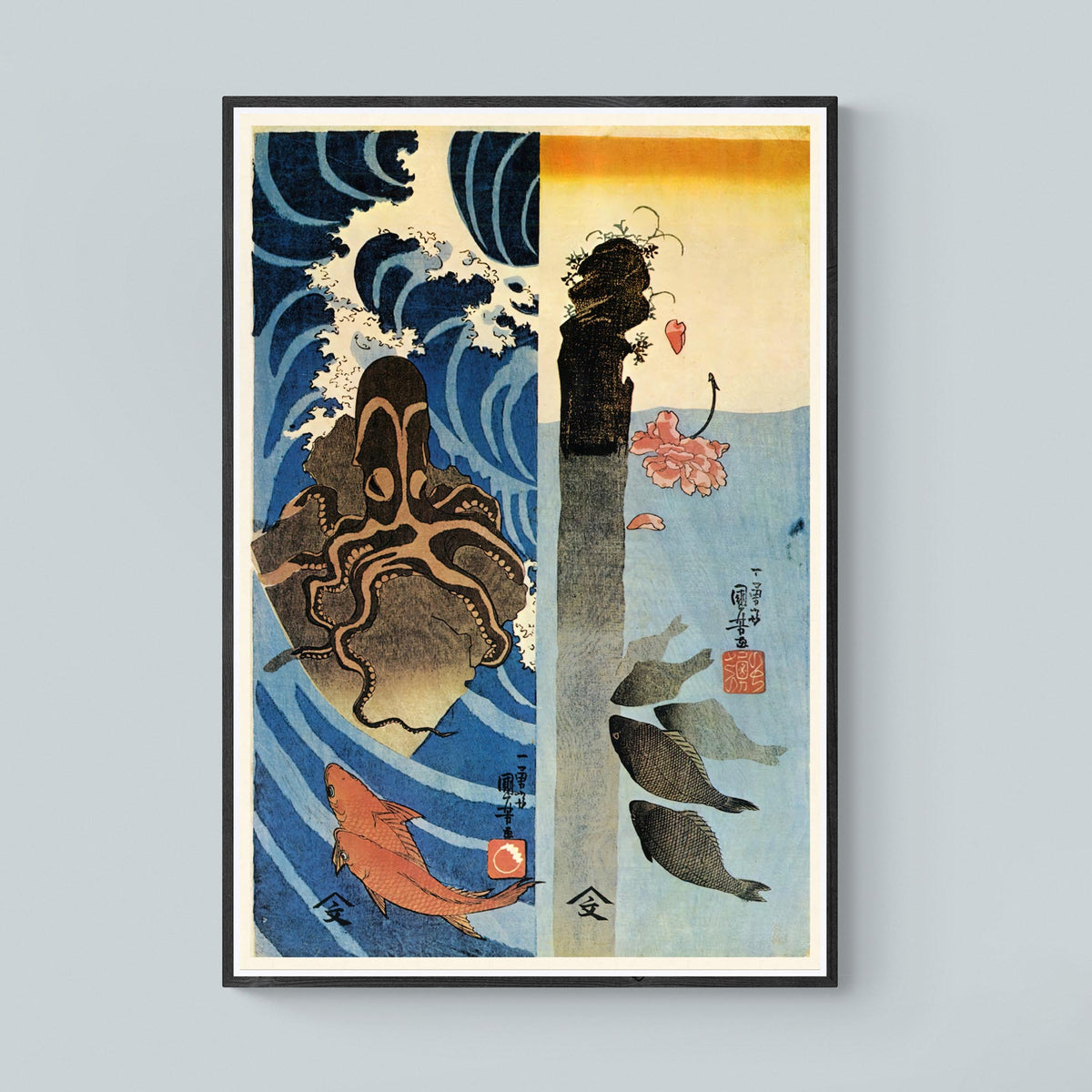 giclee 4&quot;x6&quot; Kuniyoshi Utagawa, Octopus, Red Fish Ukiyo-e Antique Vintage Woodblock Print Marine Life Ocean Creatures Japan Fine Art Print