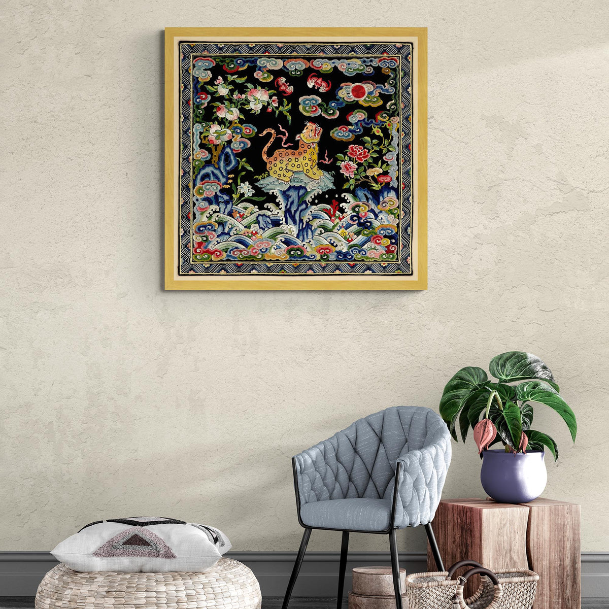 Leopard Silk Embroidery Design | Qing Dynasty Mandarin Square | Lion, Tiger, Jaguar Vintage Fine Art Print