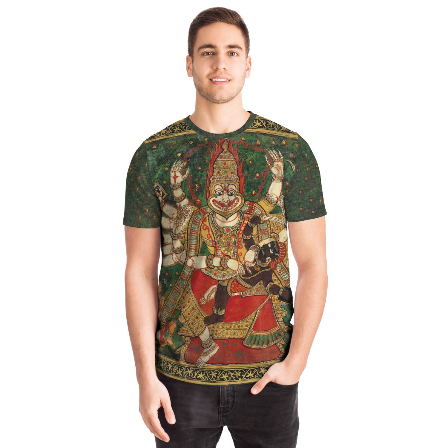 Lord Nrsimhadeva Narasimha Half-Lion Half Man Deity, Vishnu Incarnation Fights Demon King Hiranyakashipu | Hindu Mythology All-Over-Print Tshirt-Sacred Surreal