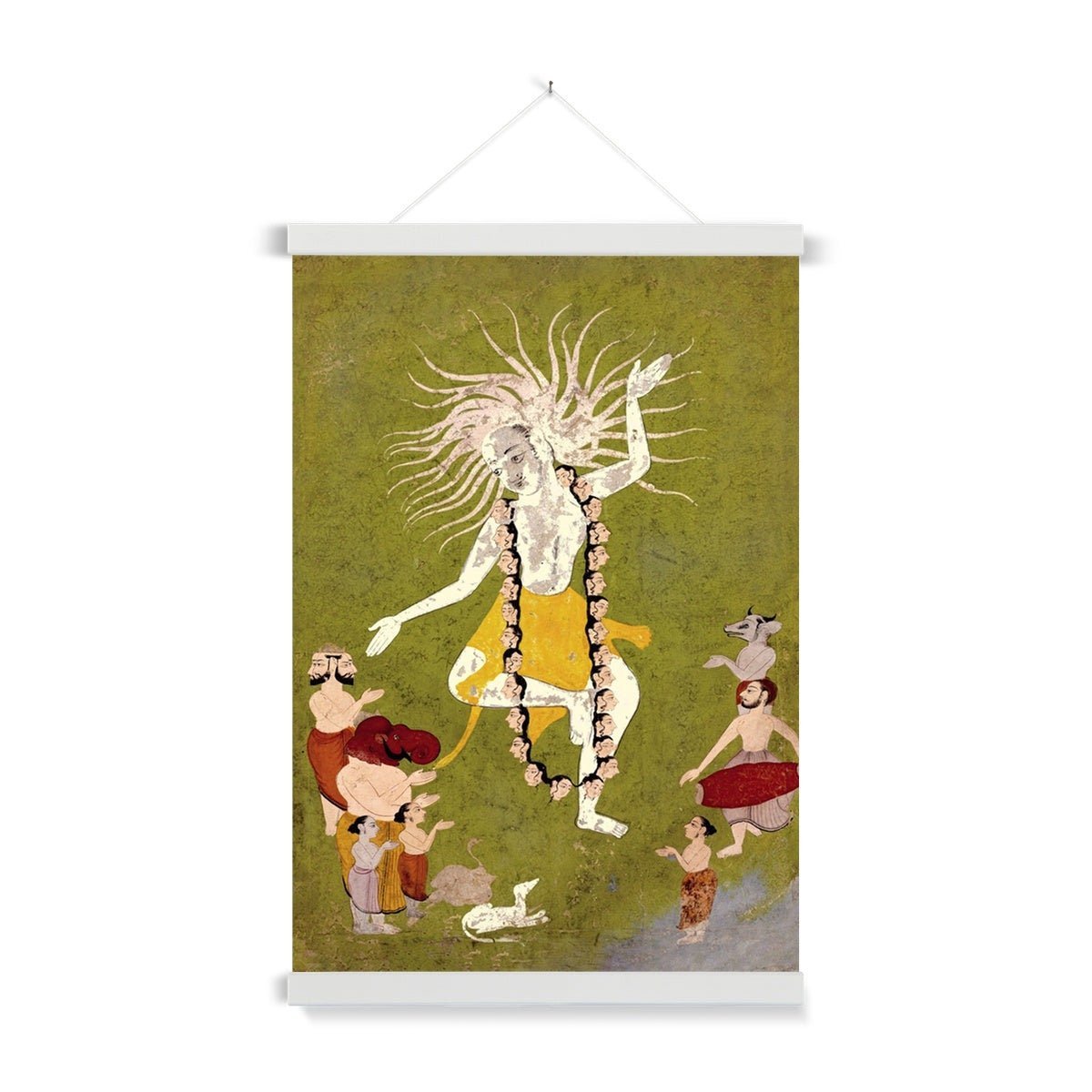 White Frame / A4 Portrait Lord Shiva in His Ferocious Aspect as Mahakala Dancing,  Yoga Decor, Indian Folk Art, Hindu Antique Fine Art Print with Thangka-Style Hanger