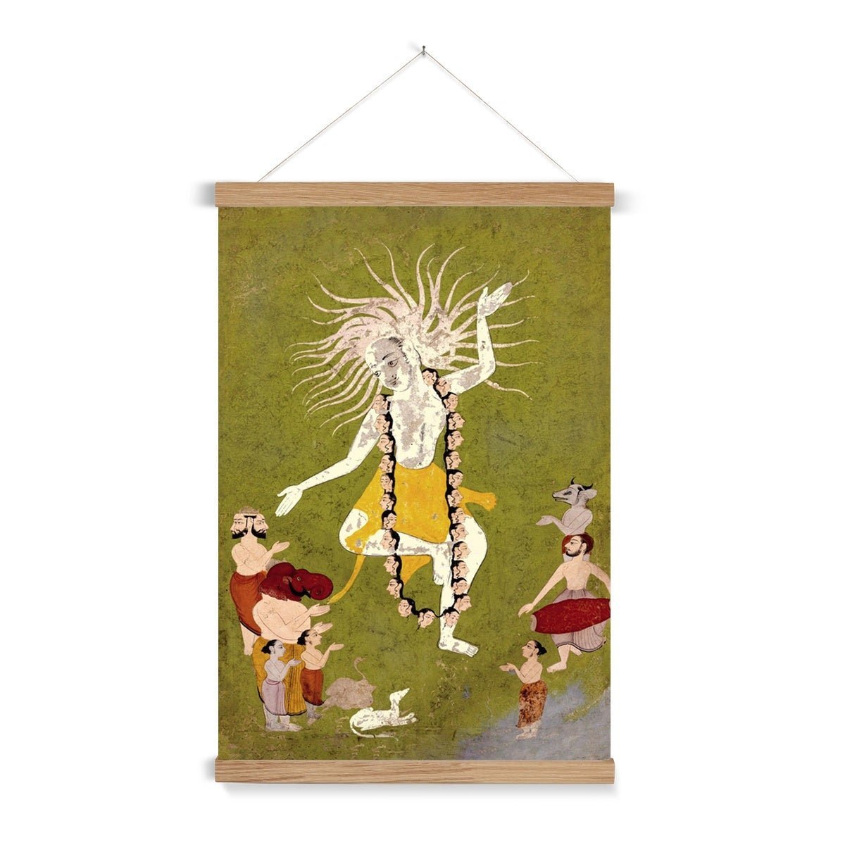 Lord Shiva in His Ferocious Aspect as Mahakala Dancing, Yoga Decor, Indian Folk Art, Hindu Antique Fine Art Print with Thangka-Style Hanger