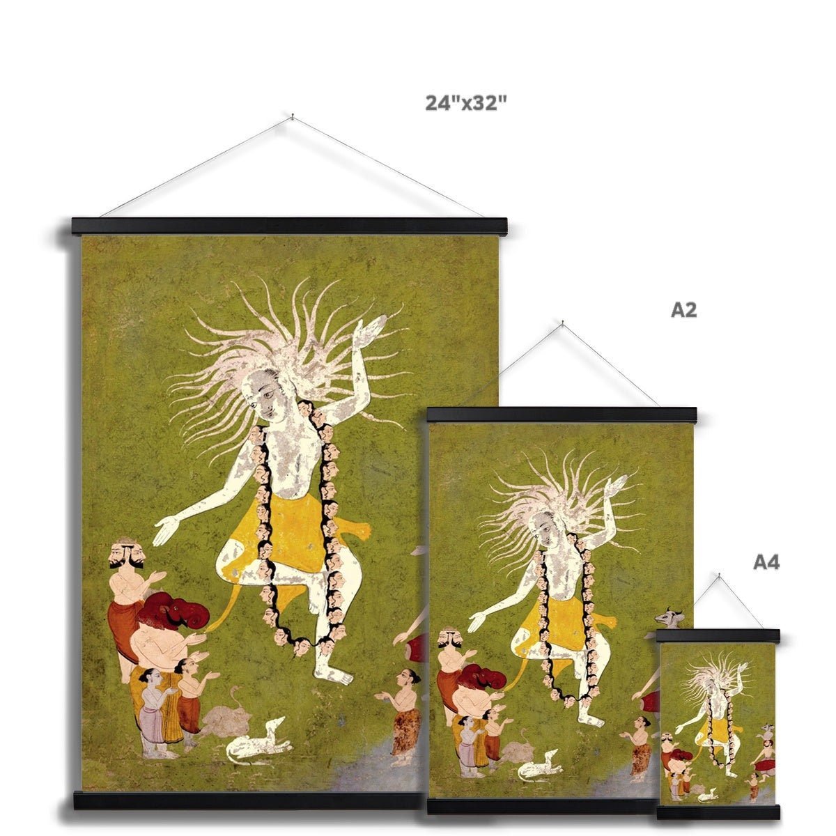 Lord Shiva in His Ferocious Aspect as Mahakala Dancing,  Yoga Decor, Indian Folk Art, Hindu Antique Fine Art Print with Thangka-Style Hanger