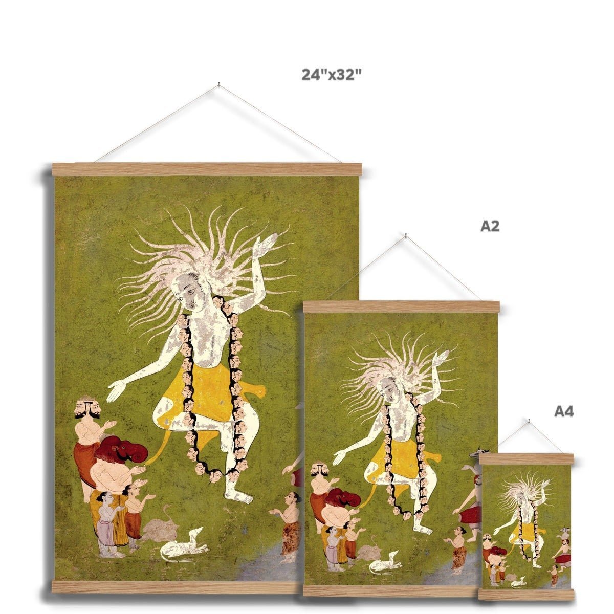 Lord Shiva in His Ferocious Aspect as Mahakala Dancing, Yoga Decor, Indian Folk Art, Hindu Antique Fine Art Print with Thangka-Style Hanger