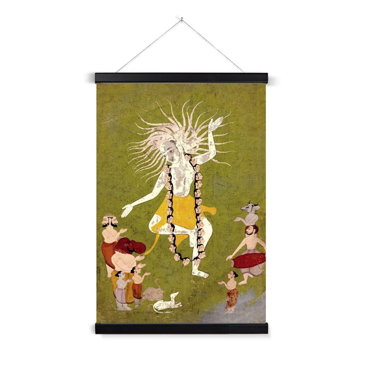 Black Frame / A4 Portrait Lord Shiva in His Ferocious Aspect as Mahakala Dancing,  Yoga Decor, Indian Folk Art, Hindu Antique Fine Art Print with Thangka-Style Hanger