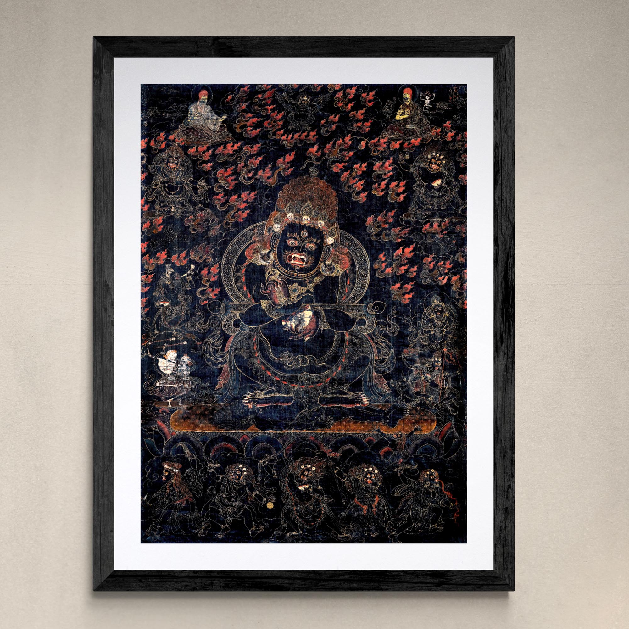 Fine art 4"x6" Mahakala as Panjarantha | Dharma Protector, Black Tibetan Antique Thangka, Enlightened Buddha Fine Art Print