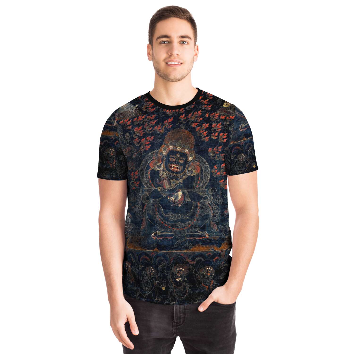 AOP T-Shirt Mahakala as Panjarantha | Tibetan Tangka Vajrayana Vintage Trippy T-Shirt Graphic Tee