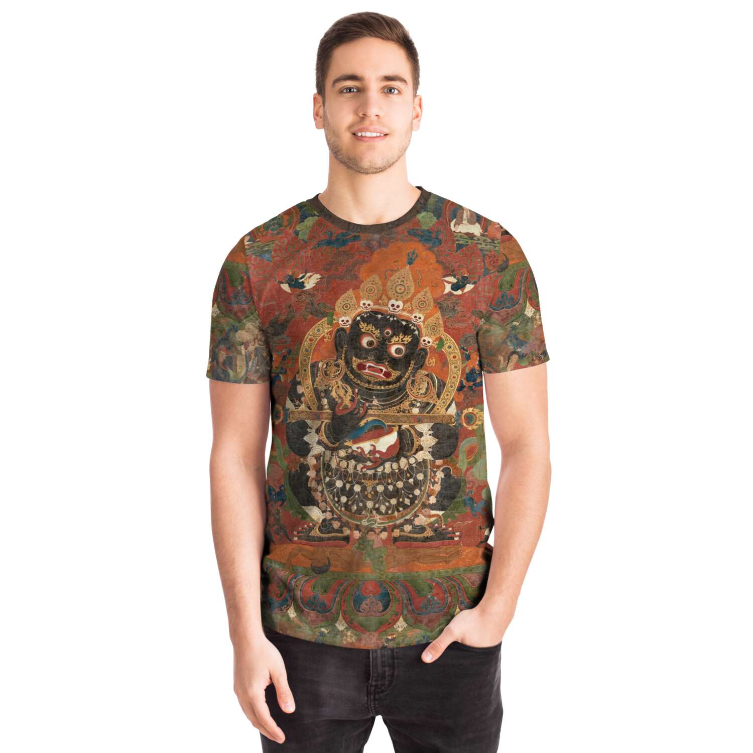 T-shirt Mahakala | Enlightened Buddhist  Protector | Tibetan Thangka Antique Graphic Tee T-Shirt