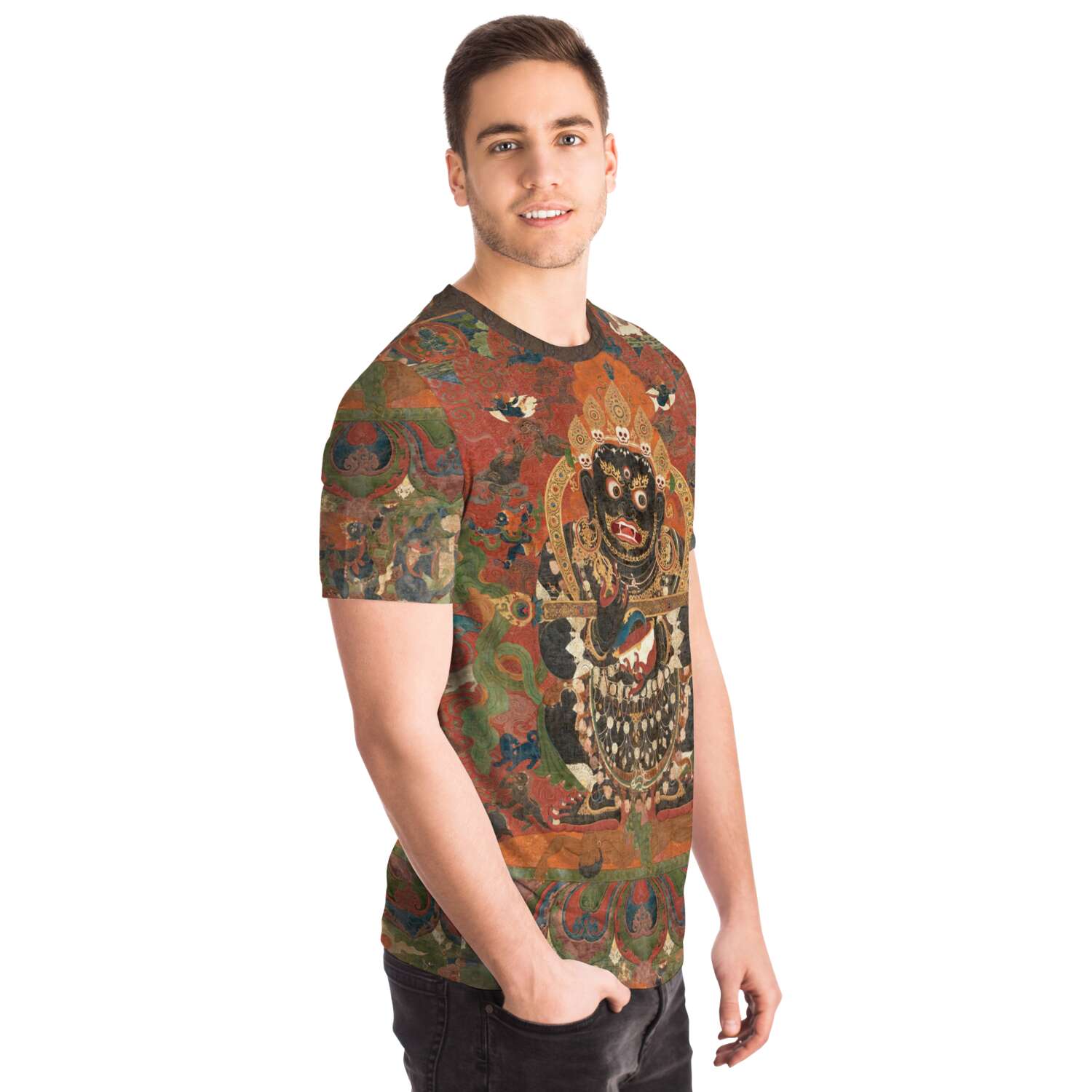 T-shirt Mahakala | Enlightened Buddhist  Protector | Tibetan Thangka Antique Graphic Tee T-Shirt