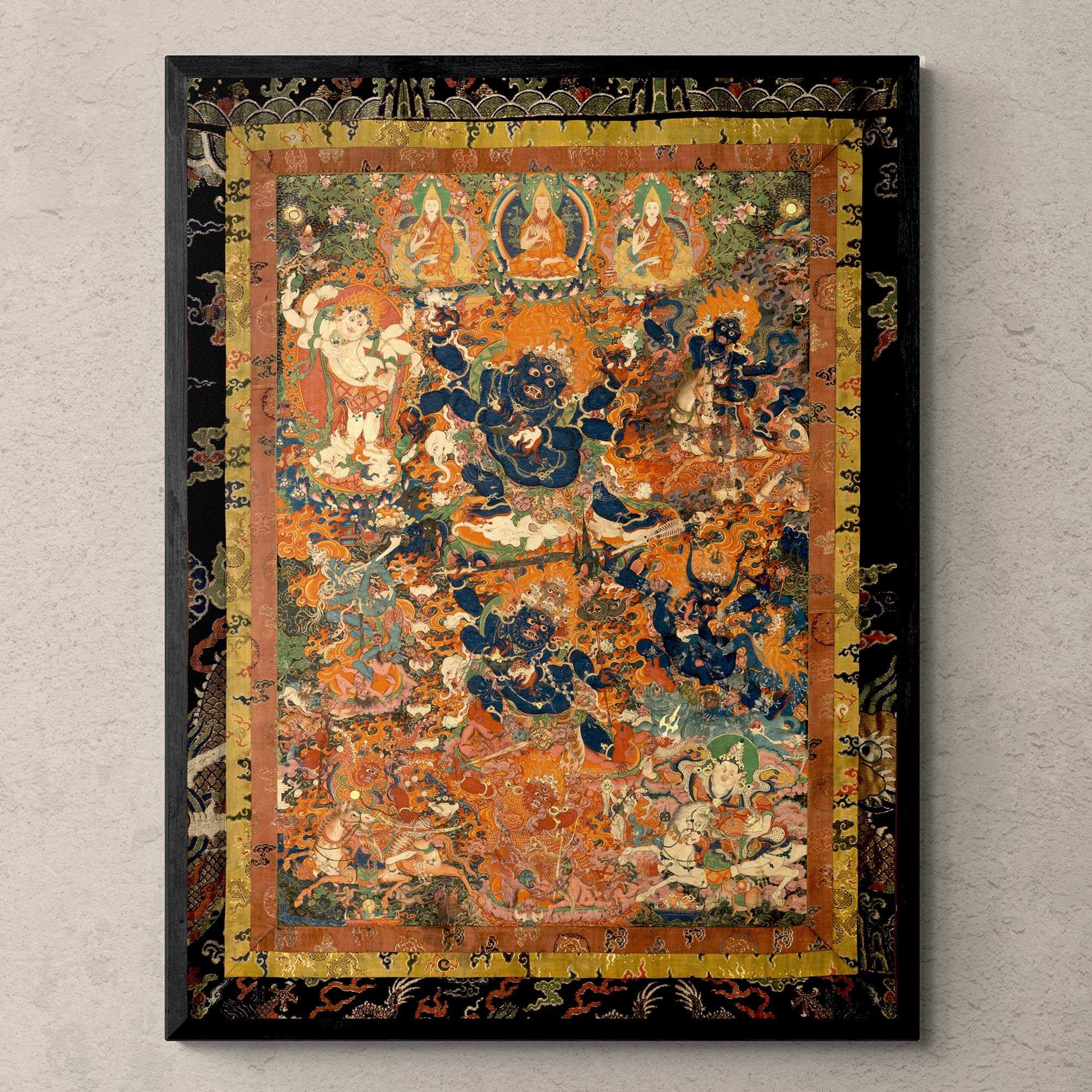 Fine art 6"x8" / Black Frame Mahakala in Diverse Forms with Other Dharma Protectors | Tibetan Buddhist Mythology | Sacred Thangka Mandala Vintage Framed Art Print