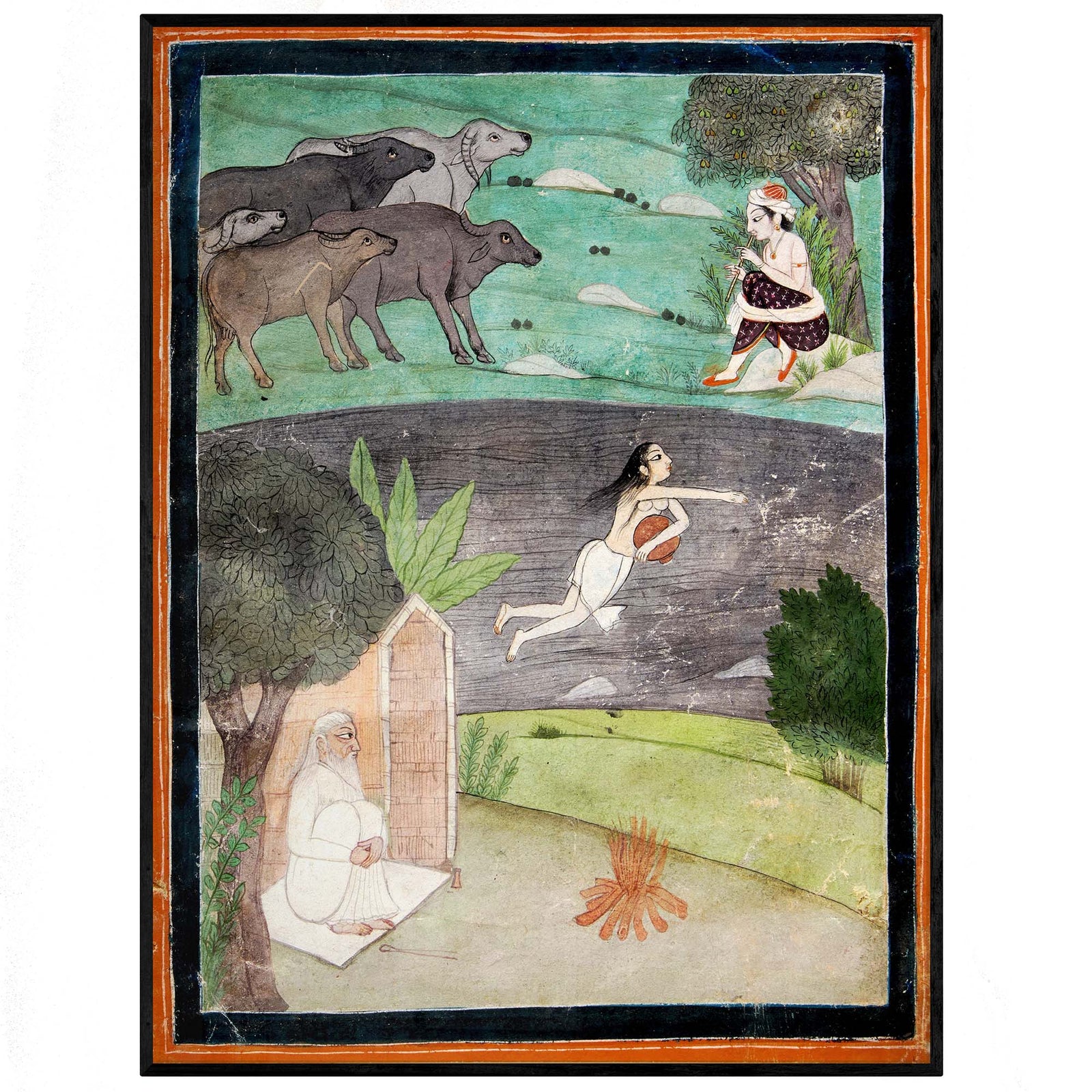 Punjab Folk Painting: Sohni Swimming Across a River | Ancient Indian Love Story | Pastel Watercolor Fine Art Print
