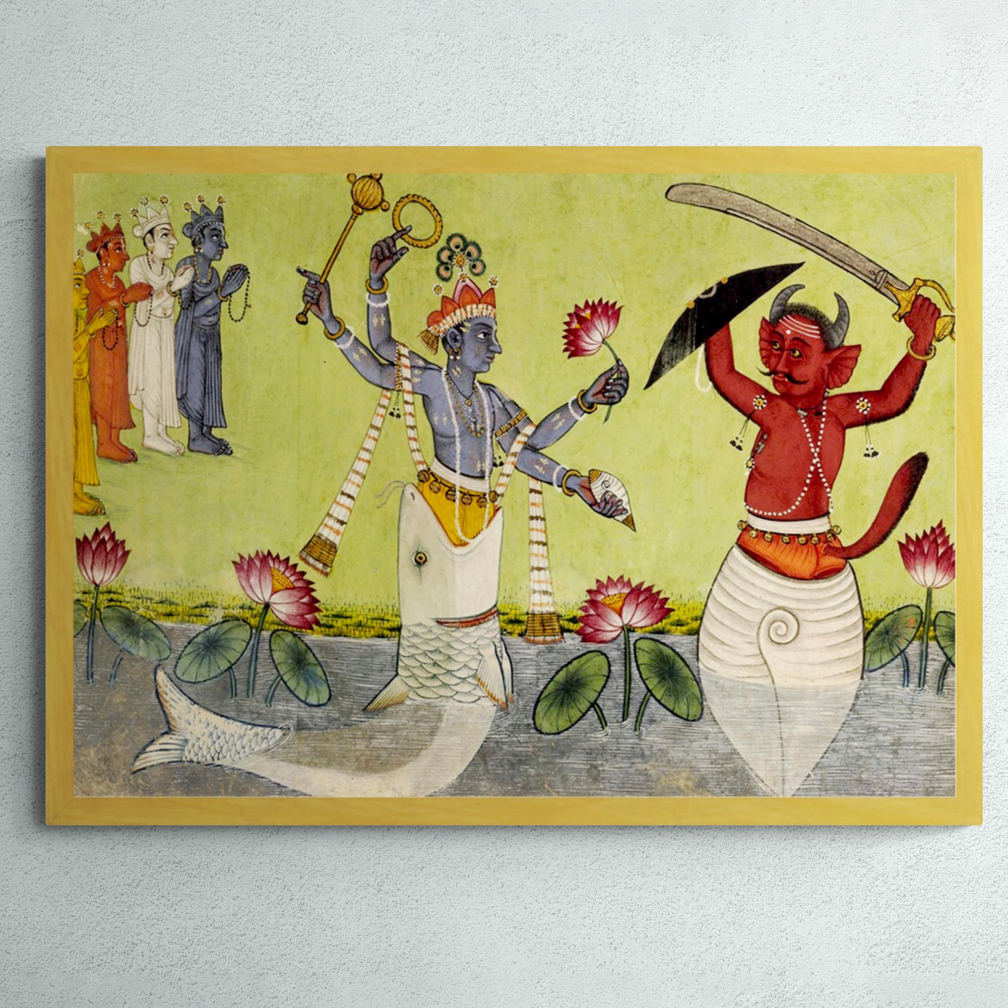 Fine art 12"x8" / Gold Frame Matsya, First Incarnation of Vishnu, Indian Mythology, Sacred Hindu Meditation Art Antique Framed Print