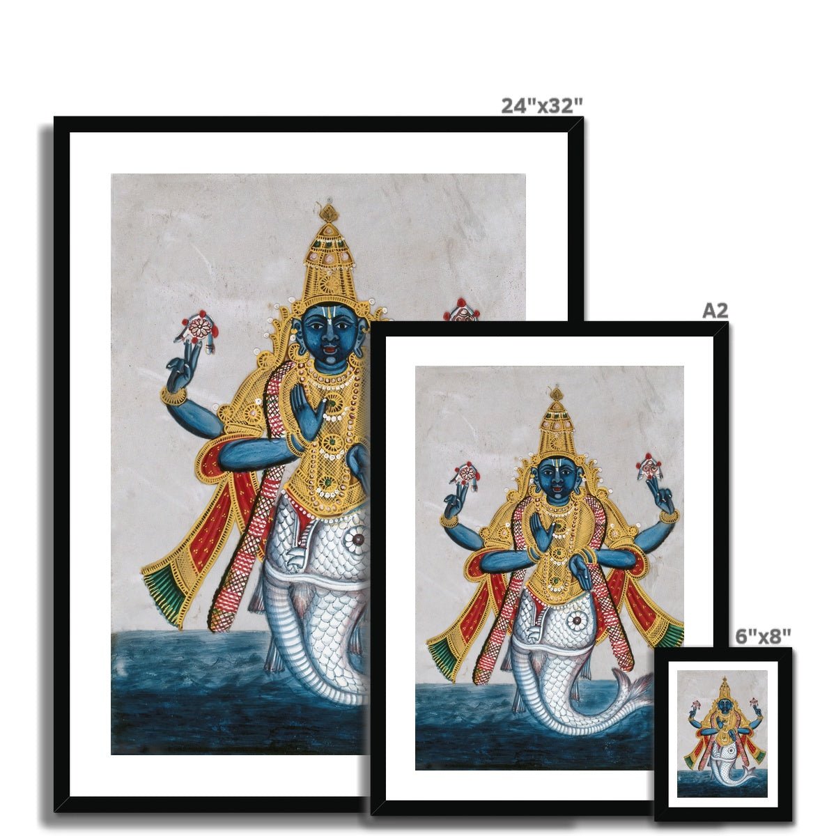 Framed Print 6"x8" / Black Frame Matsya: Vishnu Avatar In the Form of a Fish Hindu Deity Vedic Art Om Antique Yoga Meditation Framed Art Print