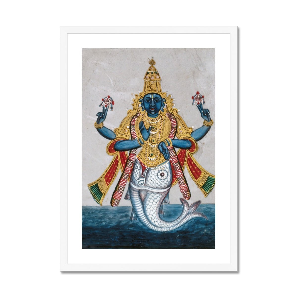 Framed Print 6"x8" / White Frame Matsya: Vishnu Avatar In the Form of a Fish Hindu Deity Vedic Art Om Antique Yoga Meditation Framed Art Print