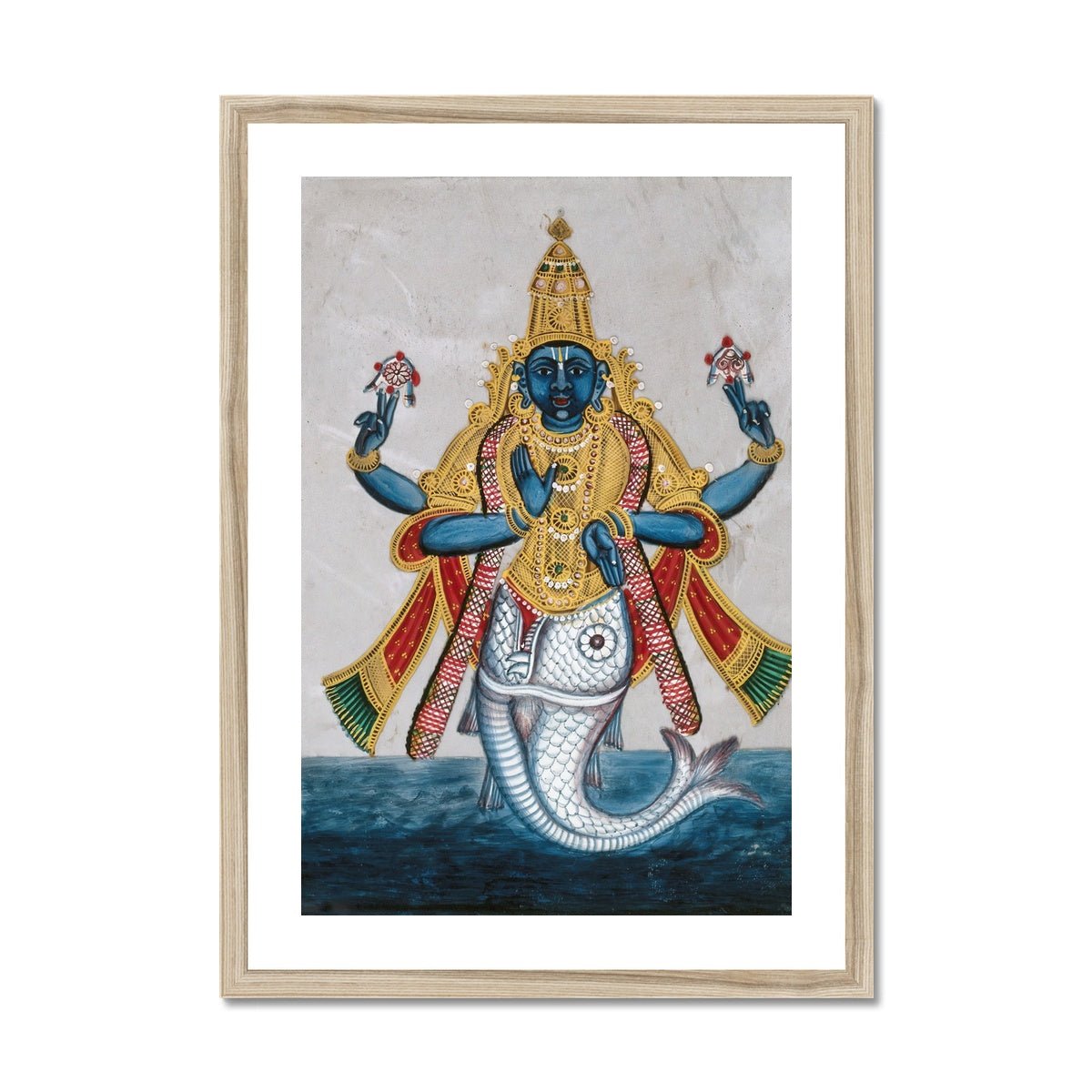 Framed Print 6"x8" / Natural Frame Matsya: Vishnu Avatar In the Form of a Fish Hindu Deity Vedic Art Om Antique Yoga Meditation Framed Art Print