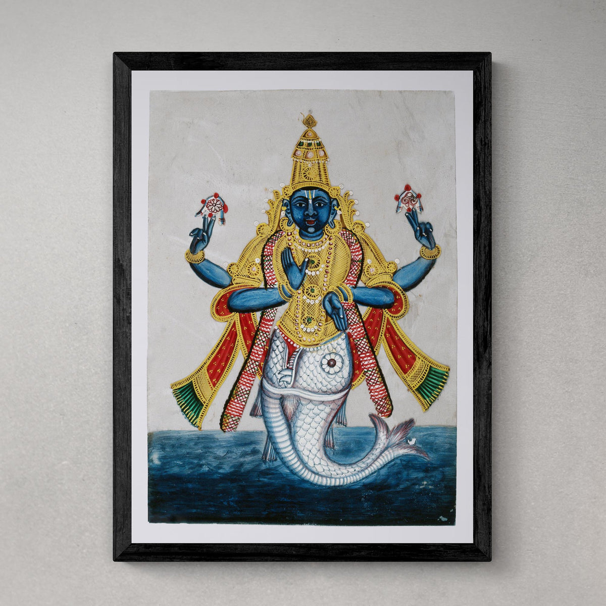 Framed Print 6&quot;x8&quot; / Black Frame Matsya: Vishnu Avatar In the Form of a Fish Hindu Deity Vedic Art Om Antique Yoga Meditation Framed Art Print