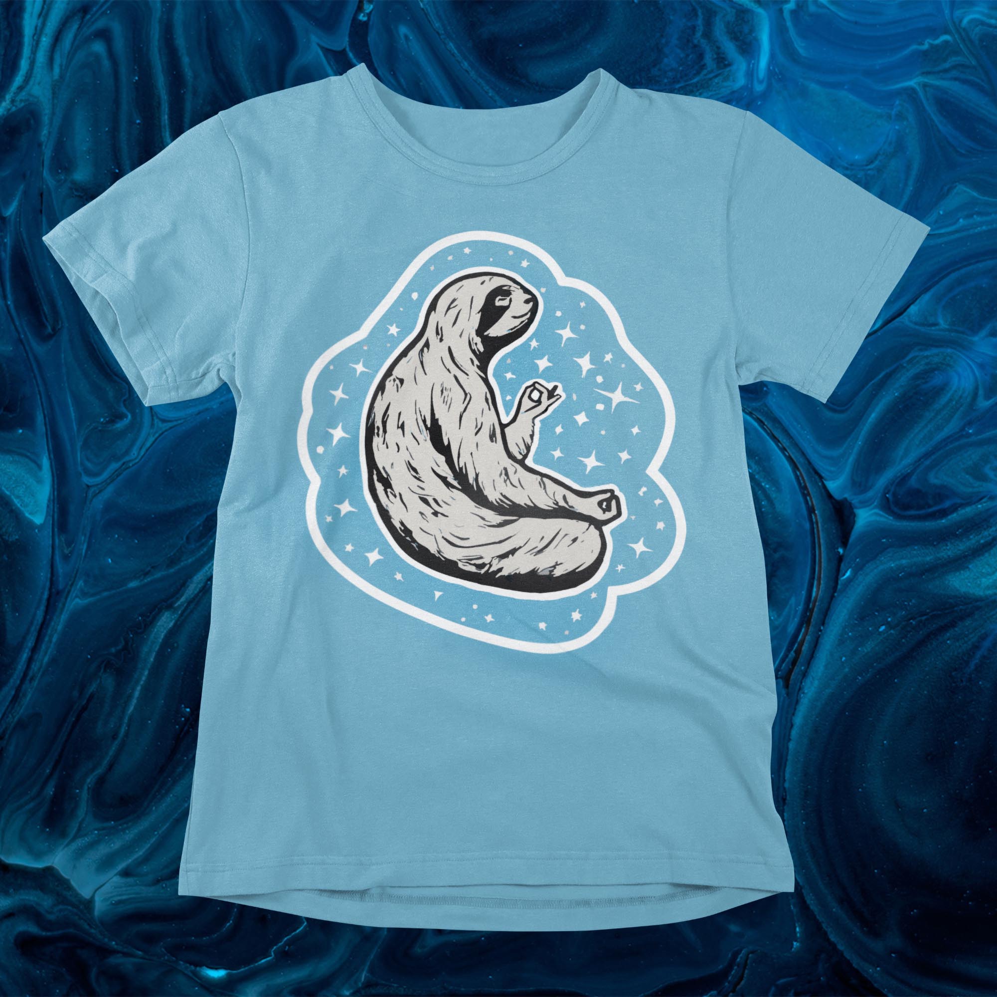 T-Shirts XS / Turquoise Meditating Sloth: Kawai Cute, At One with Universe, Namaste, Yoga Attire, Unisex Fine Art T-Shirt