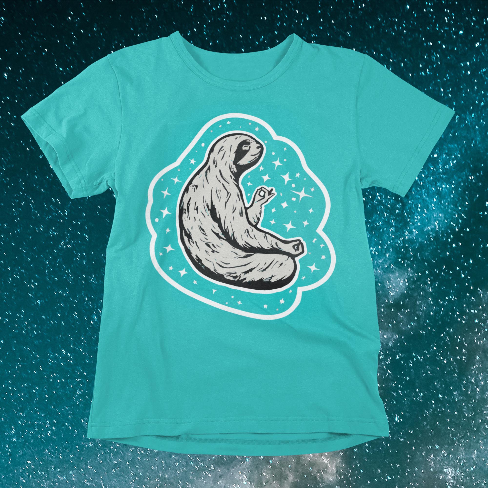 T-Shirts XS / Teal Meditating Sloth: Kawai Cute, At One with Universe, Namaste, Yoga Attire, Unisex Fine Art T-Shirt