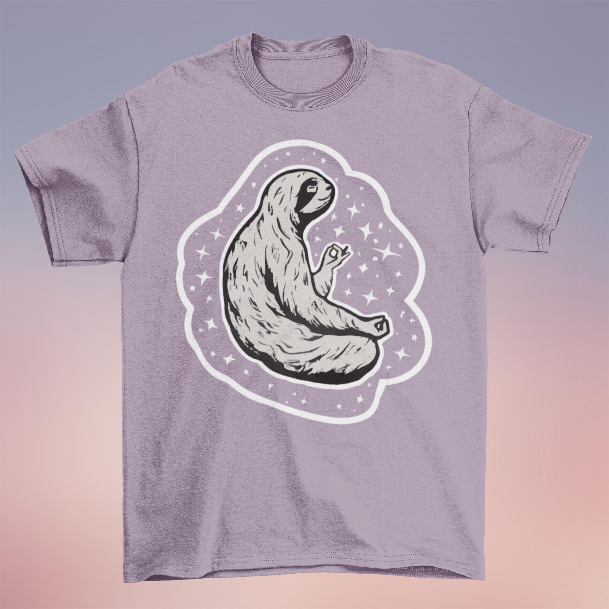 T-Shirts XS / Heather Purple Meditating Sloth: Kawai Cute, At One with Universe, Namaste, Yoga Attire, Unisex Fine Art T-Shirt