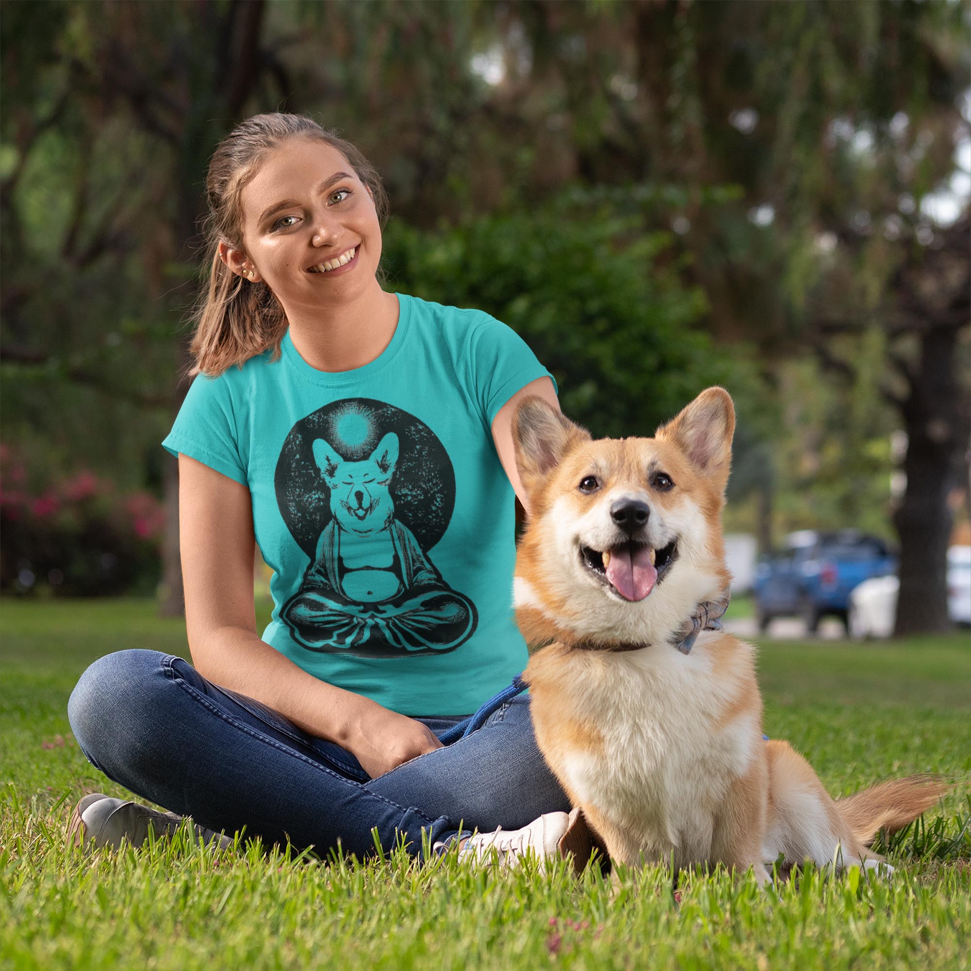 T-Shirts XS / Teal Meditating Zen Corgi at Peace with the Universe | Cute Kawaii Dog-Lover Pet Gift | Unisex Cotton T-Shirt